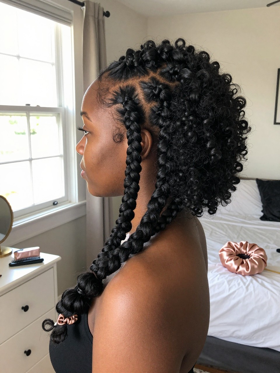 Image prompt

Photo of a Black woman wearing several neat two-strand twists along the front and sides feeding into a high full 4A curly puff, back three-quarter view highlighting the twist pattern and rounded texture, standing in a sun-drenched bedroom, natural window light, containing a small lived-in detail such as edge control and a rat-tail comb on the dresser, a satin bonnet near the bed, and a silk scrunchie on her wrist, realistic getting-ready moment, latest iPhone photo quality.
