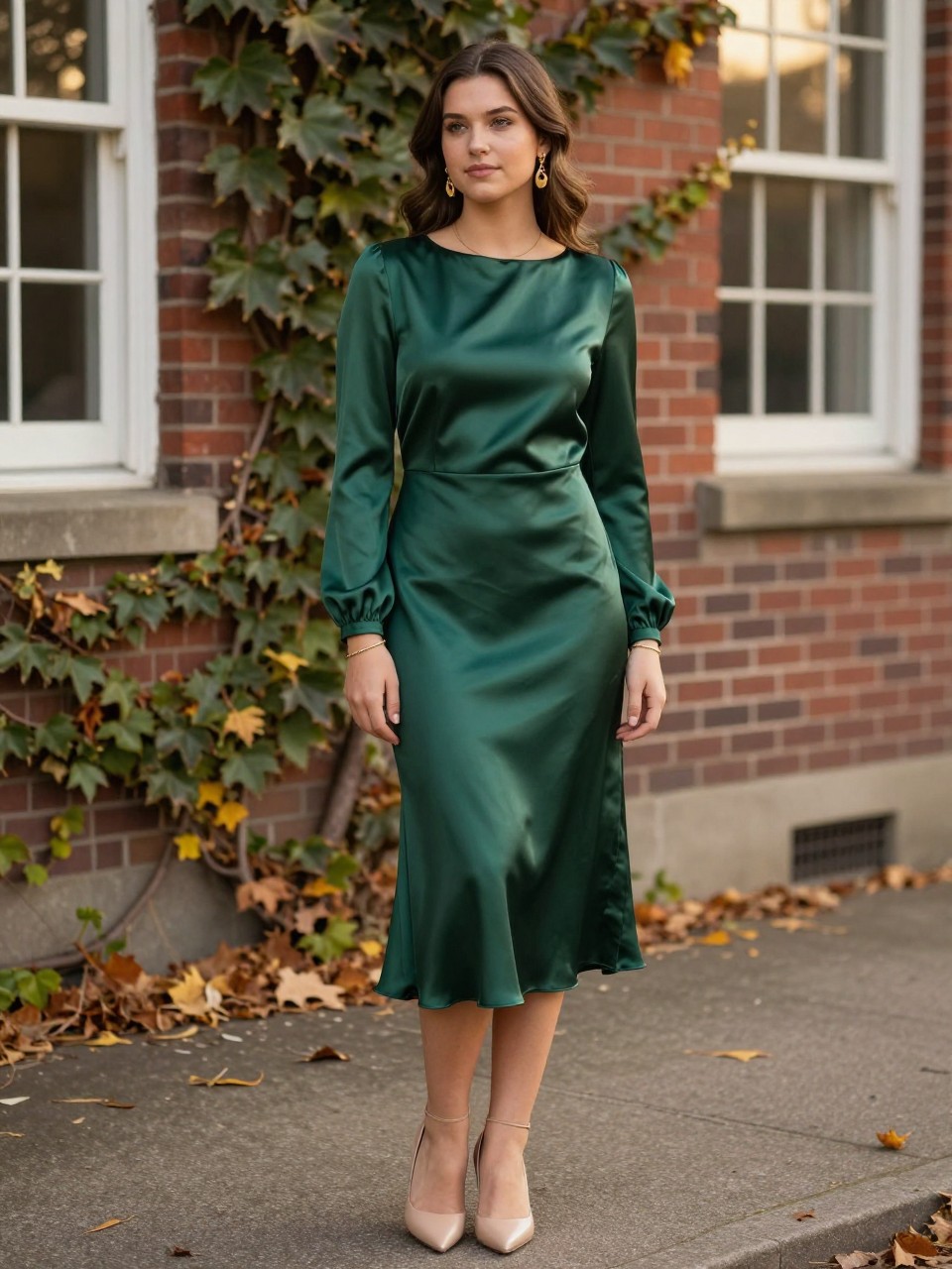 realistic fall senior portrait of a young woman wearing a forest green satin midi dress with long sleeves and a softly draped neckline, nude pointed-toe heels, gold drop earrings, and a slim gold bracelet, standing near an ivy-covered brick building with scattered autumn leaves, full-body editorial composition clearly showing the exact dress, footwear, and jewelry, elegant relaxed pose with shoulders slightly angled, soft evening golden-hour light, natural fabric shine, professional DSLR photography with realistic skin and subtle background blur.