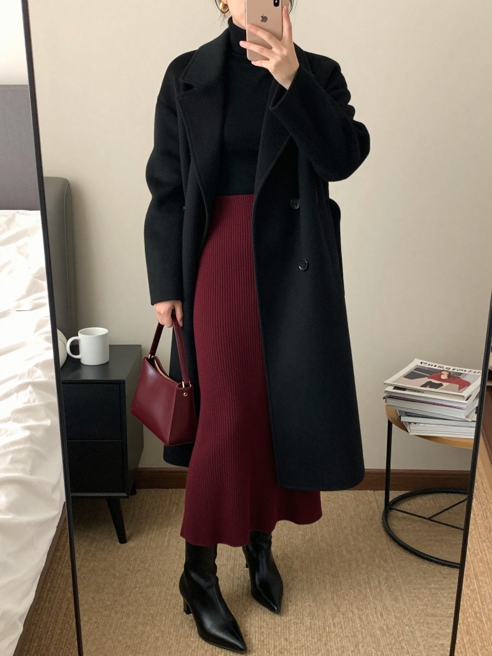 mirror selfie of a woman wearing the exact outfit described above, clearly showing a burgundy ribbed knit maxi skirt, fitted black turtleneck, black pointed ankle boots, black long wool coat, burgundy mini handbag, and gold hoop earrings, holding a phone in front of a mirror, cropped at NECK so the face does not show, with a relaxed casual selfie pose, in a cozy bedroom mirror setup, soft indoor lighting, with a coffee mug on a bedside table and stack of fashion magazines on a side table, latest iPhone photo quality.