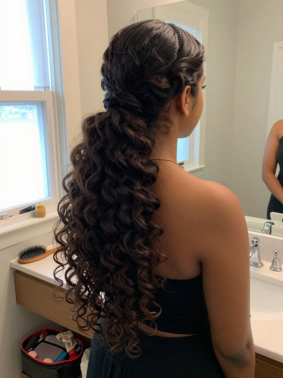 Image prompt
Photo of a South Asian woman wearing long 3B curls in a low ponytail with a clean middle part, softly smoothed crown, wrapped elastic base, and full defined curls resting down her back, back three-quarter view beside a bathroom vanity, natural window light, containing a small lived-in detail such as a hairbrush on the counter, a silk scrunchie on her wrist, and an open makeup bag nearby, realistic getting-ready moment, latest iPhone photo quality.