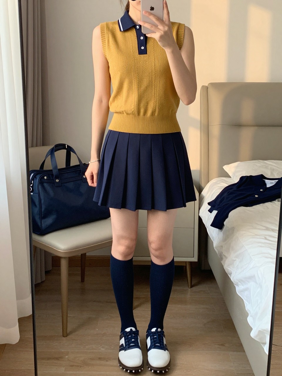 Mirror selfie of a woman wearing a mustard yellow fine-knit sweater vest layered over a sleeveless navy collared golf dress with a softly pleated skirt and built-in shorts, navy knee-high golf socks, white-and-navy spikeless golf shoes, and a navy visor, clearly showing the exact clothing items, colors, fabrics, and accessories listed, holding a latest-model iPhone in front of a mirror, cropped at the neck so the face does not show, relaxed casual selfie pose, in a feminine-themed bedroom with evening golden-hour lighting, a golf tote resting beside a chair and a folded cardigan on the bed, realistic unstaged composition, latest iPhone photo quality.