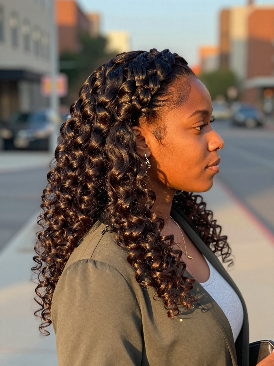 Image prompt
Photo of a Black woman wearing a long layered wand curl sew-in with large polished spirals, soft volume at the crown, and face-framing pieces falling around the shoulders, side profile view against a softly blurred city street background, golden hour glow, containing a small lived-in detail such as statement earrings, a slim hair clip attached to her jacket collar, and a small clutch beneath her arm, realistic candid photograph, latest iPhone photo quality.