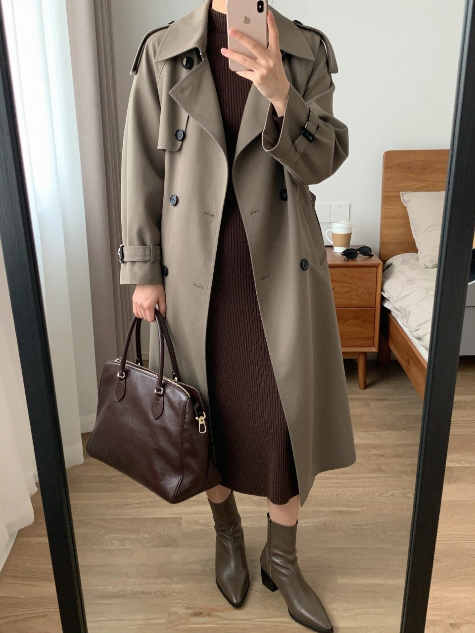 Mirror selfie of a woman wearing a long taupe trench coat over a matching chocolate brown ribbed-knit top and midi skirt set, pointed taupe leather ankle boots, and a structured dark brown leather handbag, clearly showing the exact clothing items, colors, fabrics, and accessories listed, holding a latest-model iPhone in front of a mirror, cropped at the neck so the face does not show, relaxed casual selfie pose, in a cozy bedroom mirror setup with natural window light, a coffee mug on a bedside table and sunglasses placed on a dresser, realistic unstaged composition, latest iPhone photo quality.