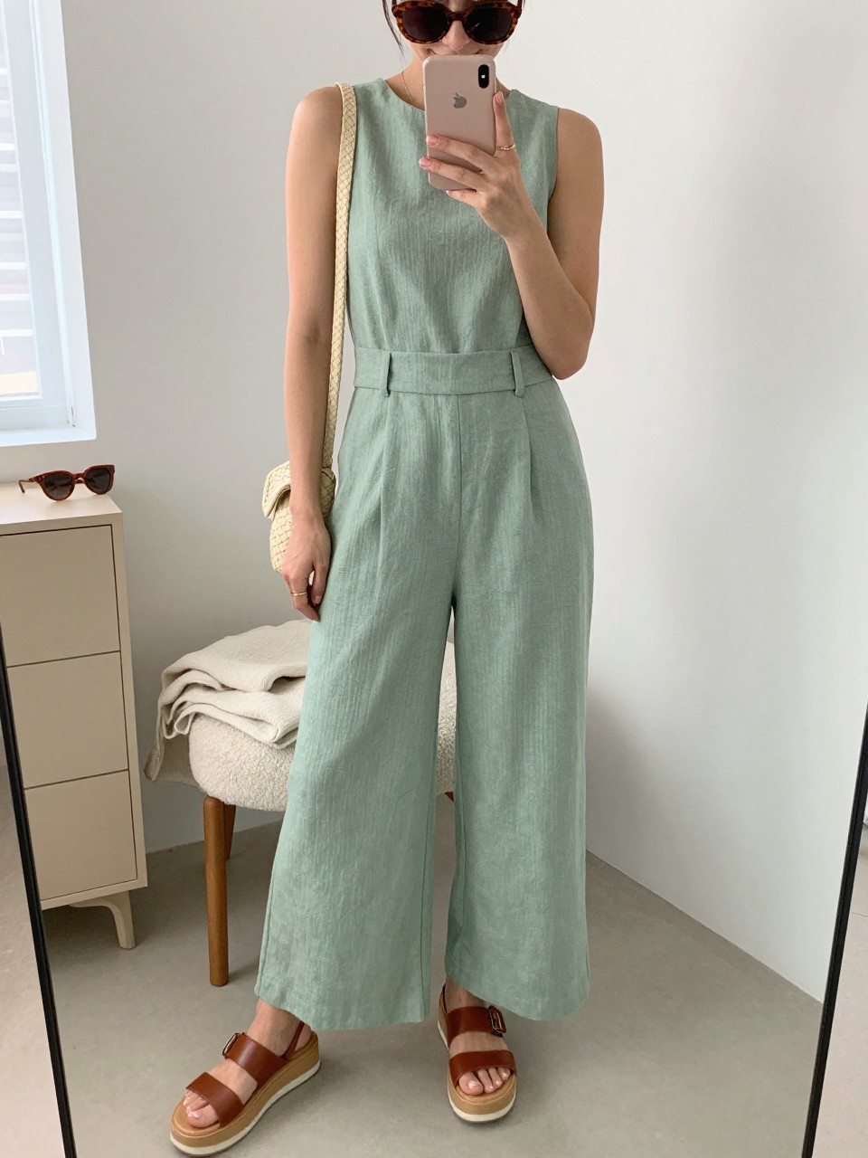 Mirror selfie of a woman wearing a sleeveless sage green linen-blend wide-leg jumpsuit with a fitted waist, cognac brown leather platform sandals, a woven cream crossbody bag, and oversized tortoiseshell sunglasses, clearly showing the exact clothing items, colors, fabrics, and accessories listed, holding a latest-model iPhone in front of a mirror, cropped at the neck so the face does not show, relaxed casual selfie pose, in a fashion studio mirror corner with natural window light, sunglasses placed on a dresser and a folded blanket on a chair, natural uncluttered composition, latest iPhone photo quality.