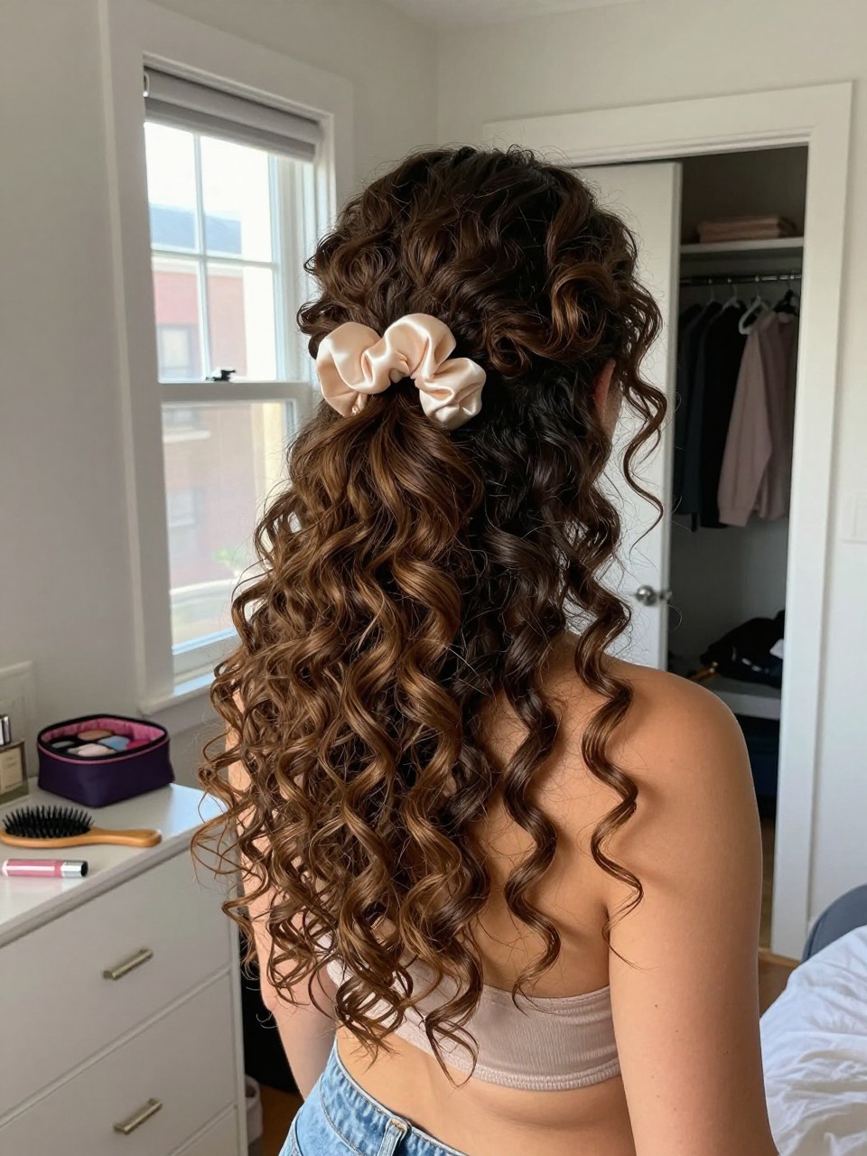Image prompt
Photo of a woman wearing a high half-up curly ponytail secured with a chunky satin scrunchie, full defined curls falling below, and soft volume at the crown, back-of-head view in a sun-drenched bedroom, natural window light, containing a small lived-in detail such as a hairbrush on the dresser, a tube of lip gloss near an open makeup bag, and a slightly open closet behind her, realistic early-2000s getting-ready moment, latest iPhone photo quality.