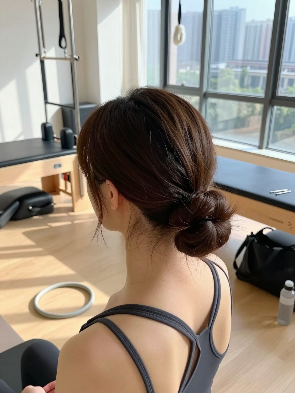 Image prompt
Photo of a woman wearing two compact low curly buns with a clean middle part and softly smoothed sides, back-of-head view inside a sunlit Pilates studio, natural window light, containing a small lived-in detail such as a Pilates ring on the floor, a water bottle beside a gym tote, and bobby pins resting on a nearby bench, realistic pre-workout getting-ready moment, latest iPhone photo quality.