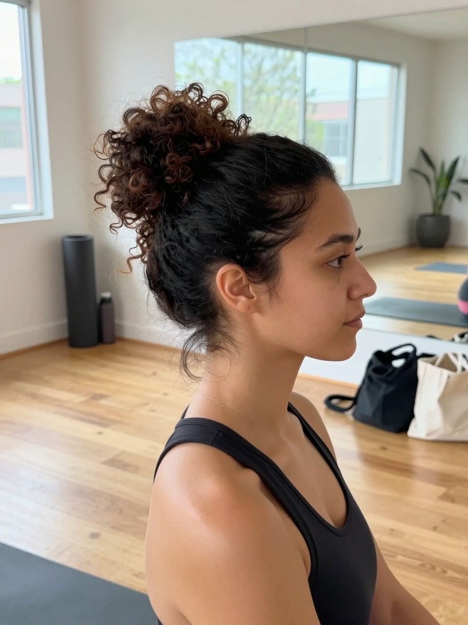 Image prompt
Photo of a Latina woman wearing a high rounded curly bun with smoothly gathered sides and a few soft curl ends visible around the shape, side profile view inside a sunlit yoga studio, natural window light, containing a small lived-in detail such as a rolled yoga mat nearby, a water bottle beside a tote bag, and a silk scrunchie on her wrist, realistic pre-class getting-ready moment, latest iPhone photo quality.