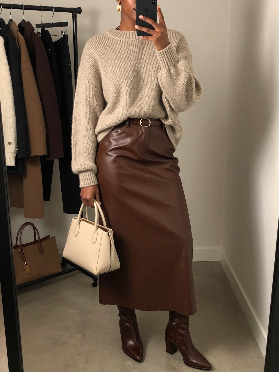 mirror selfie of a Black woman wearing the exact outfit described above, clearly showing an espresso brown leather maxi skirt, oatmeal oversized knit sweater tucked slightly at the front, brown heeled ankle boots, cream top-handle bag, gold drop earrings, and a slim brown leather belt, holding a phone in front of a mirror, cropped at NECK so the face does not show, with a relaxed casual selfie pose, in a fashion studio mirror corner, warm moody lighting, with clothing rack with garments behind and a tote bag resting on the floor, latest iPhone photo quality.