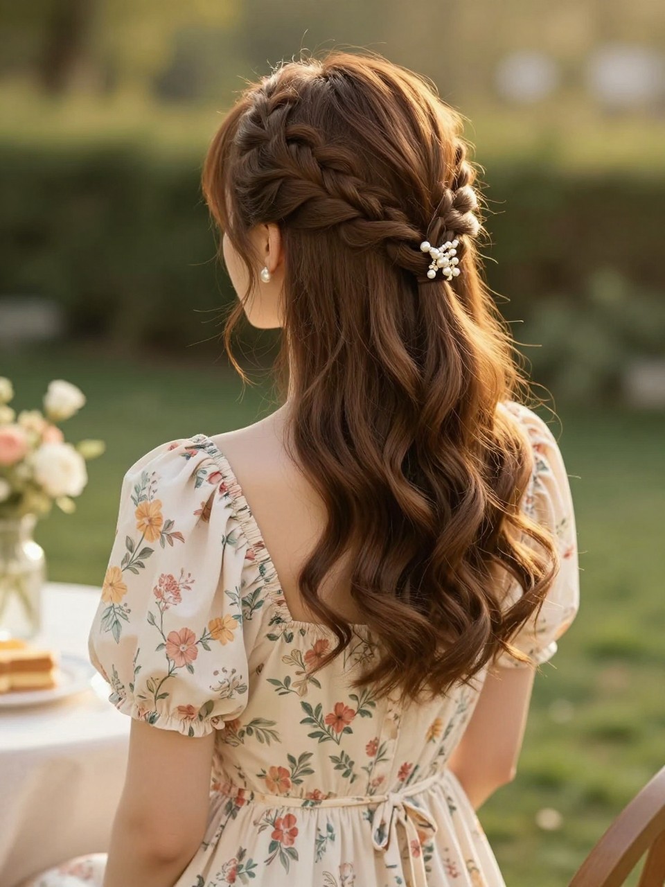 Image Prompt:
A realistic back-view beauty photo of a woman with medium-length caramel brown hair styled half up half down with two small side braids meeting at the back, braids secured with a small pearl claw clip, soft waves through the loose lower hair, floral midi dress, garden brunch background, warm golden hour light, romantic braided hairstyle inspiration, high-resolution DSLR photo, no text, (no watermarks on images)