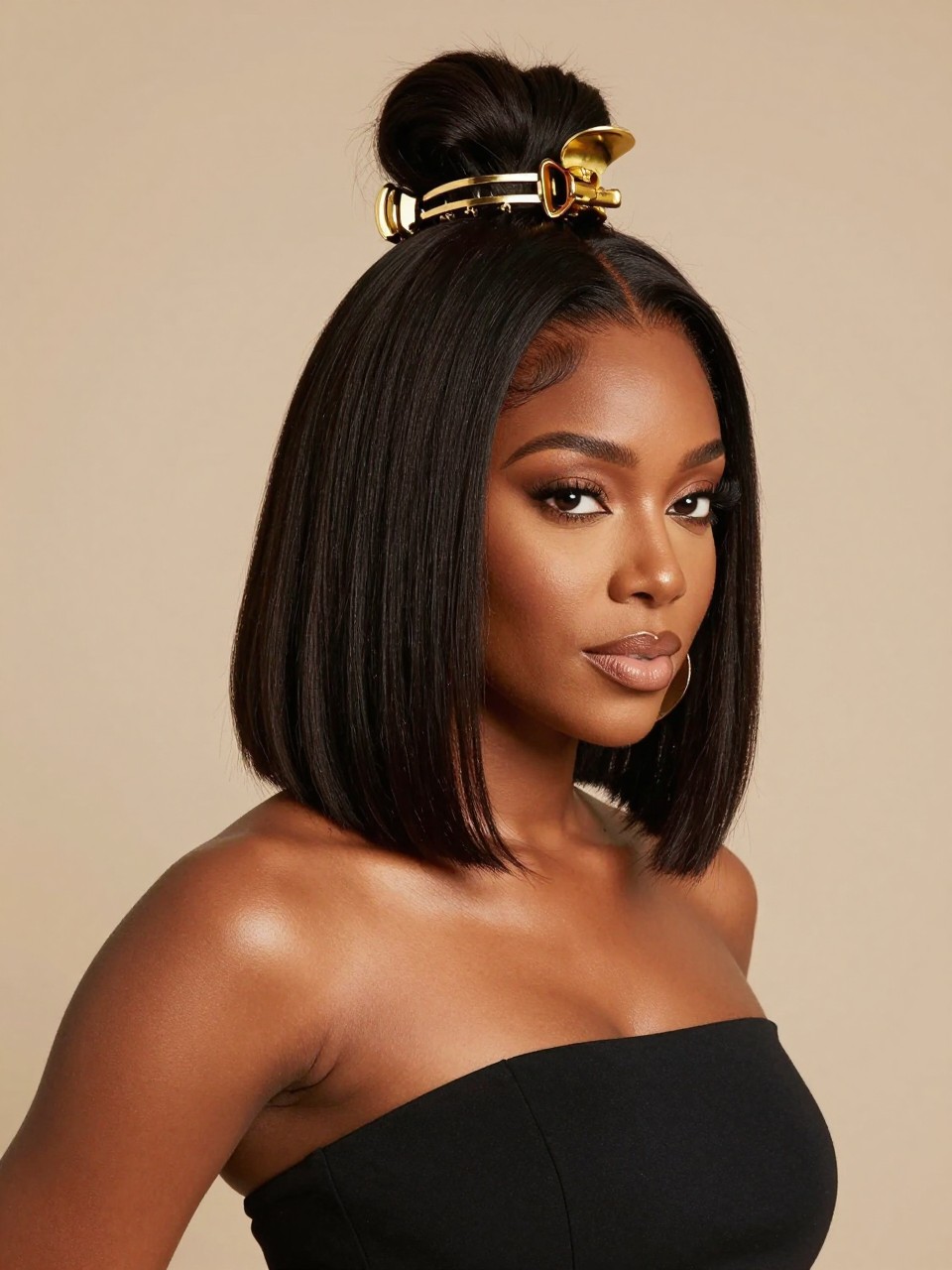 Image Prompt:
A realistic editorial beauty photo of a black woman with medium-length sleek straight hair styled in a high half-up claw clip hairstyle, top section gathered high at the crown and secured with a large gold claw clip, lower hair falling smooth around the shoulders, clean edges, soft glam makeup, statement earrings, fitted black dress, warm studio lighting, confident modern hairstyle inspiration, high-resolution DSLR photo, no text, (no watermarks on images)