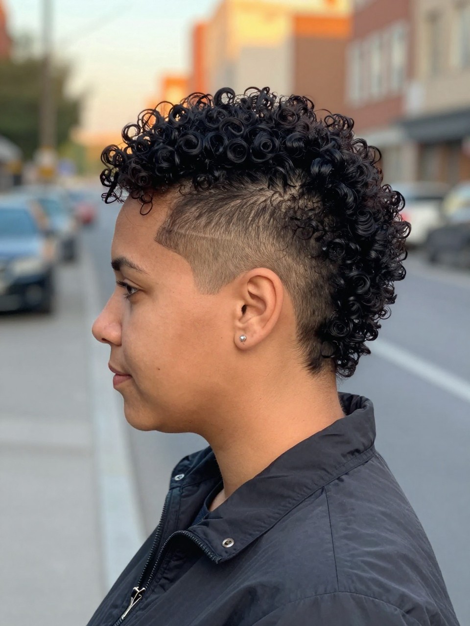 Image prompt
Photo of a woman wearing a short curly mohawk with neatly faded sides and tight defined coils concentrated through the centre, side profile view near a softly blurred city street background, golden hour glow, containing a small lived-in detail such as small silver earrings and a slim hair clip attached to her jacket collar, realistic candid photograph, latest iPhone photo quality.