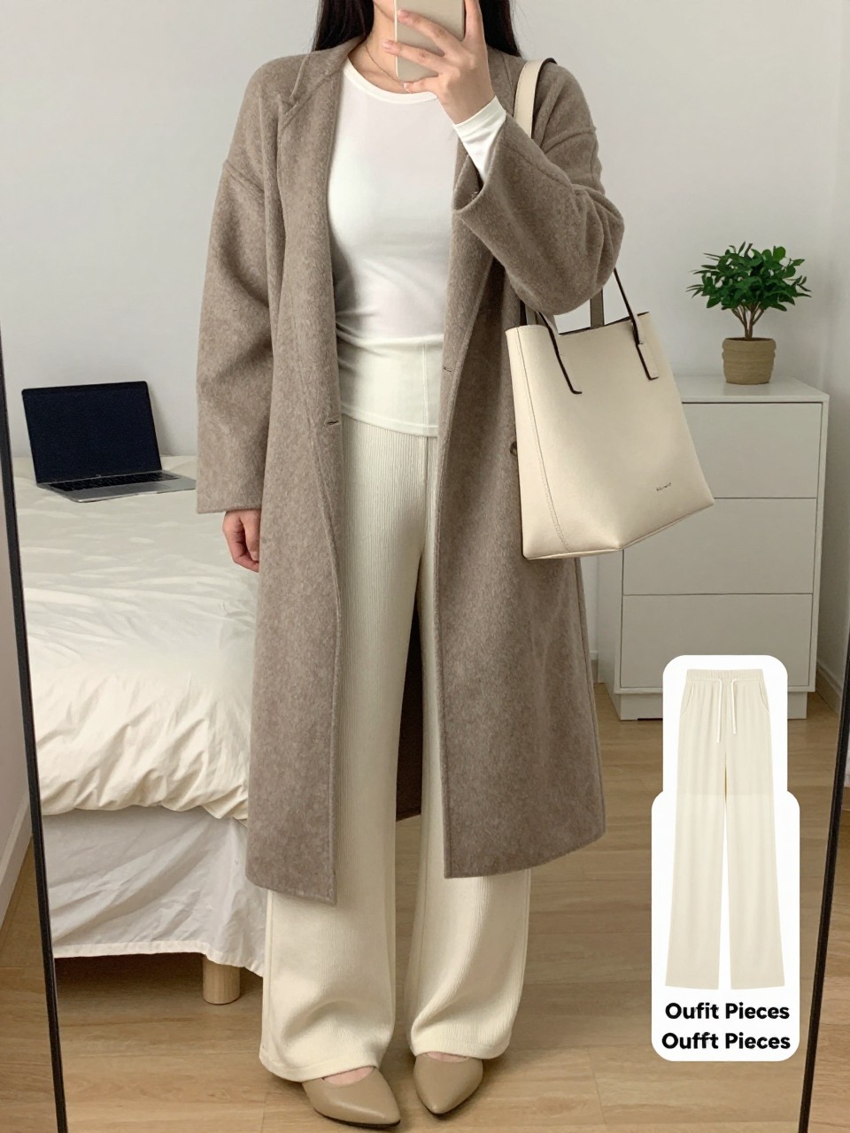 mirror selfie of a curvy woman wearing a taupe long coatigan over a white fitted long-sleeve top, cream wide-leg knit pants, beige pointed flats, and a cream tote bag, clearly showing the same clothing items, colors, fabrics, and accessories listed in the Outfit Pieces section, holding a phone in front of a mirror, cropped at NECK so the face does not show, with a relaxed casual selfie pose, in a stylish city apartment, soft indoor lighting, including a laptop or tablet on the bed and a small plant on a dresser, latest iPhone photo quality.