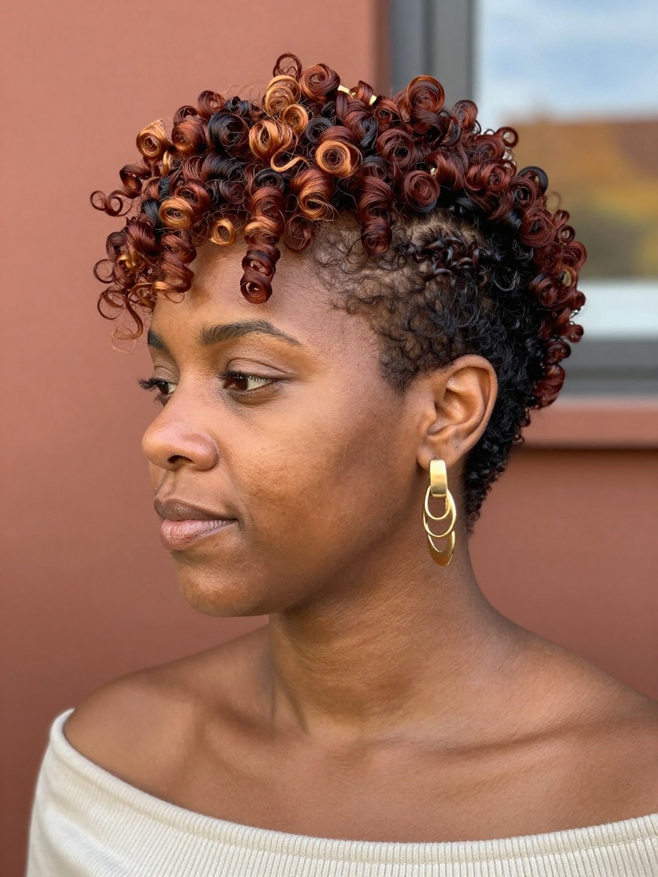 A realistic close-up portrait of a Black woman with medium brown skin wearing a tapered coily pixie, deep auburn-brown roots and sides, warm amber color painted onto the tips of selected crown coils, muted copper-gold accents around the front hairline, darker inner coils preserved, varied transition heights rather than one dipped line, softly tapered nape, natural baby hairs, defined texture with slight frizz, cream off-shoulder top, layered gold earrings, terracotta background, soft autumn window light, realistic coil pattern and accurate color placement.