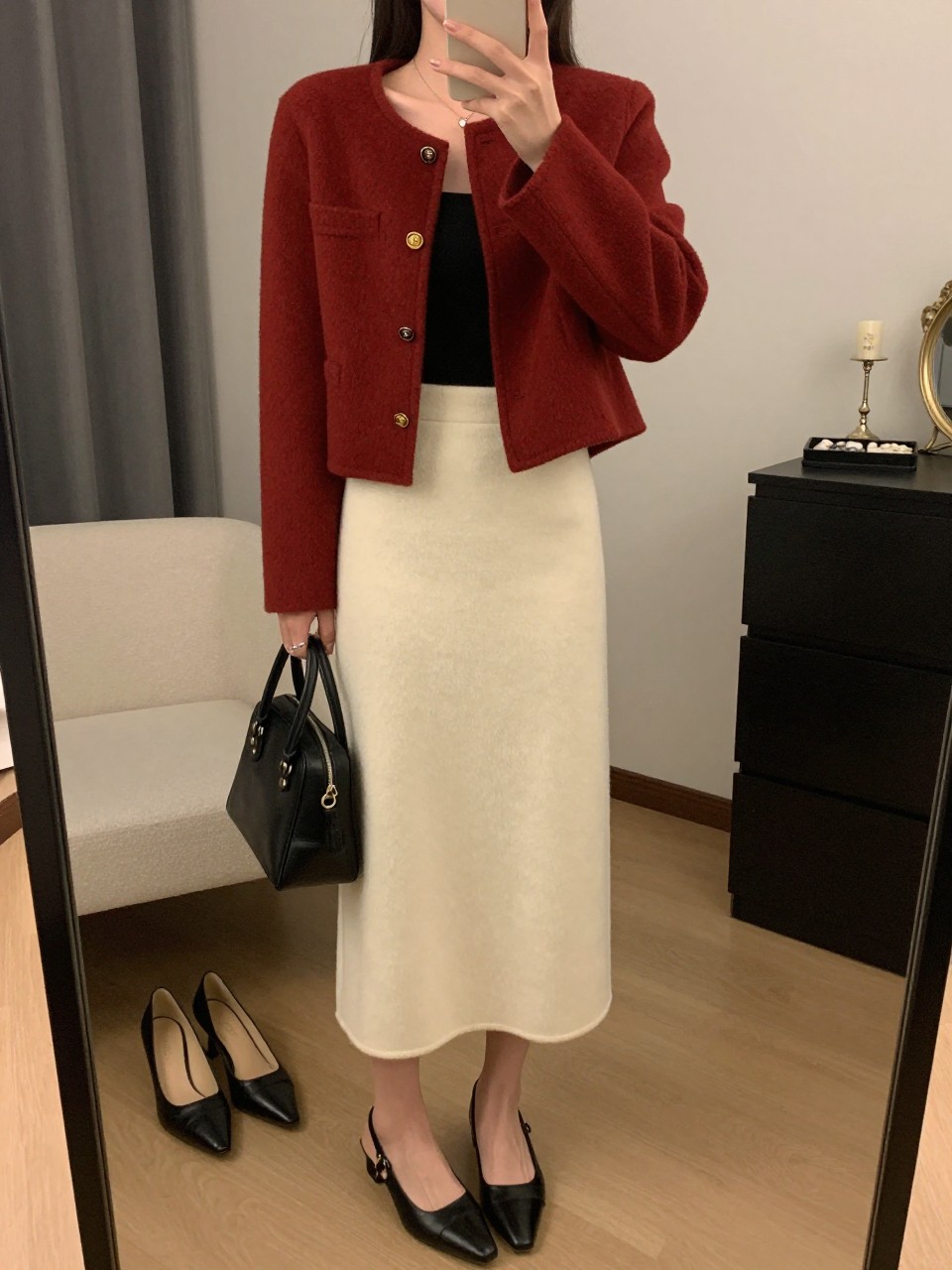 mirror selfie of a woman wearing a cropped deep red wool jacket, fitted black square-neck top, cream wool column midi skirt, black leather slingback heels, and a compact black handbag, clearly showing the same clothing items, colors, fabrics, and accessories listed in the Outfit Pieces section, holding a phone in front of a mirror, cropped at NECK so the face does not show, with a relaxed casual selfie pose, in a feminine-themed bedroom, warm moody lighting, including a pair of heels on the floor and a jewelry tray on the vanity, latest iPhone photo quality.