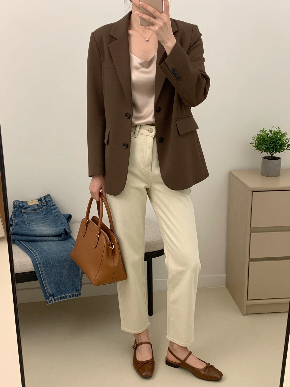 mirror selfie of a woman wearing an espresso brown tailored blazer, soft beige silk camisole, ecru high-waisted straight-leg jeans, brown leather slingback flats, and a caramel top-handle handbag, clearly showing the same clothing items, colors, fabrics, and accessories listed in the Outfit Pieces section, holding a phone in front of a mirror, cropped at NECK so the face does not show, with a relaxed casual selfie pose, in a minimal dressing room, soft indoor lighting, including folded denim jeans on a bench and a small plant on a dresser, latest iPhone photo quality.