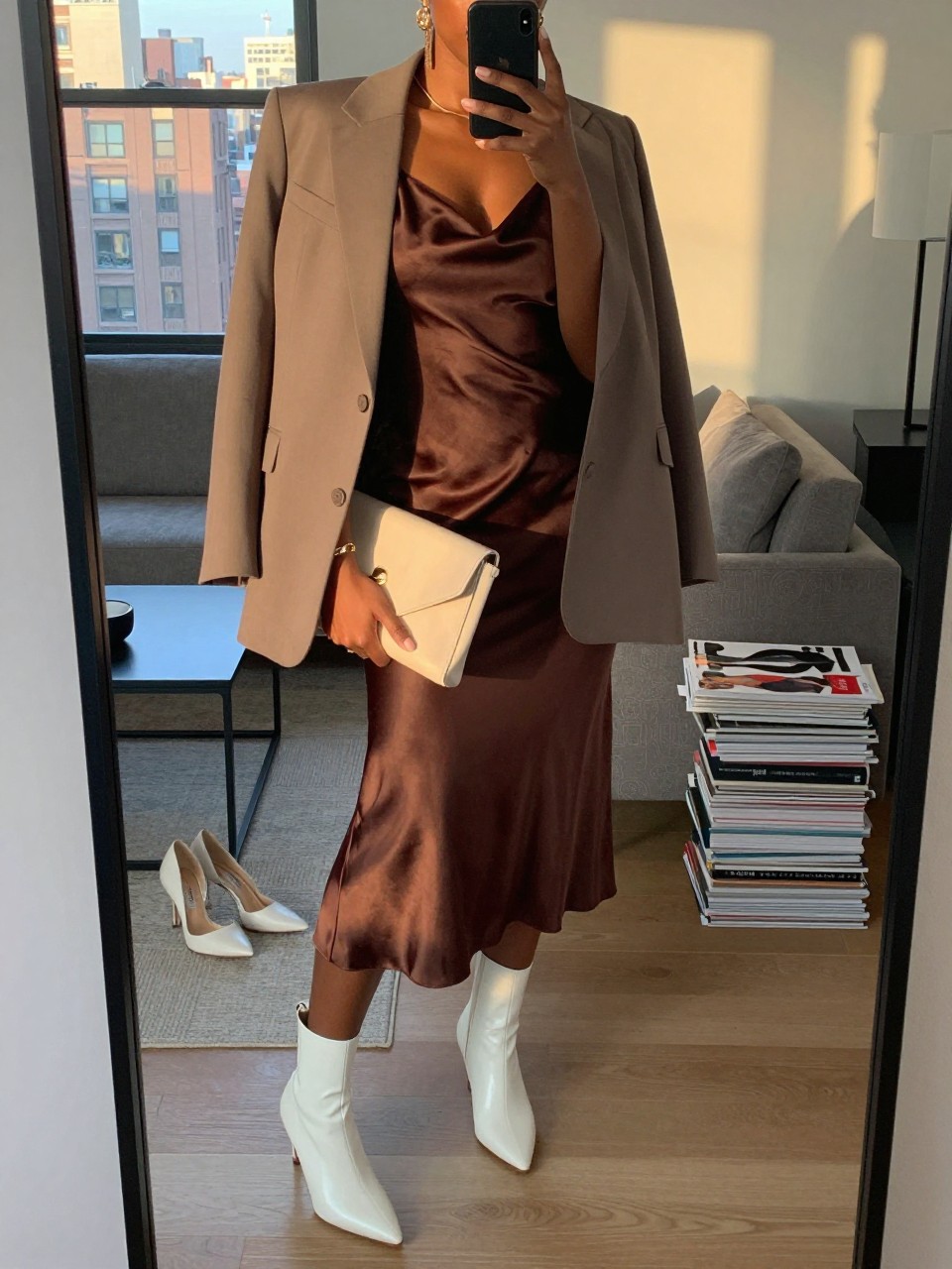 mirror selfie of a Black woman wearing the exact outfit described above, clearly showing white kitten-heel ankle boots, a chocolate brown satin slip dress, a taupe oversized blazer, a cream clutch, and gold drop earrings, holding a phone in front of a mirror, cropped at NECK so the face does not show, with a relaxed casual selfie pose, in a stylish city apartment, evening golden hour, with a pair of heels on the floor nearby and a stack of fashion magazines on a side table, latest iPhone photo quality.