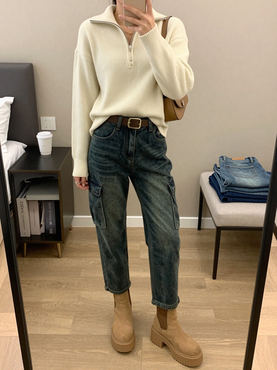 mirror selfie of a woman wearing a cream ribbed half-zip sweater, low-rise dark-wash cargo jeans, tan platform ankle boots, a brown buckle belt, and a small tan shoulder bag, clearly showing the same clothing items, colors, fabrics, and accessories listed in the Outfit Pieces section, holding a phone in front of a mirror, cropped at NECK so the face does not show, with a relaxed casual selfie pose, in a stylish city apartment, soft indoor lighting, including a coffee mug on a bedside table and folded denim jeans on a bench, latest iPhone photo quality.