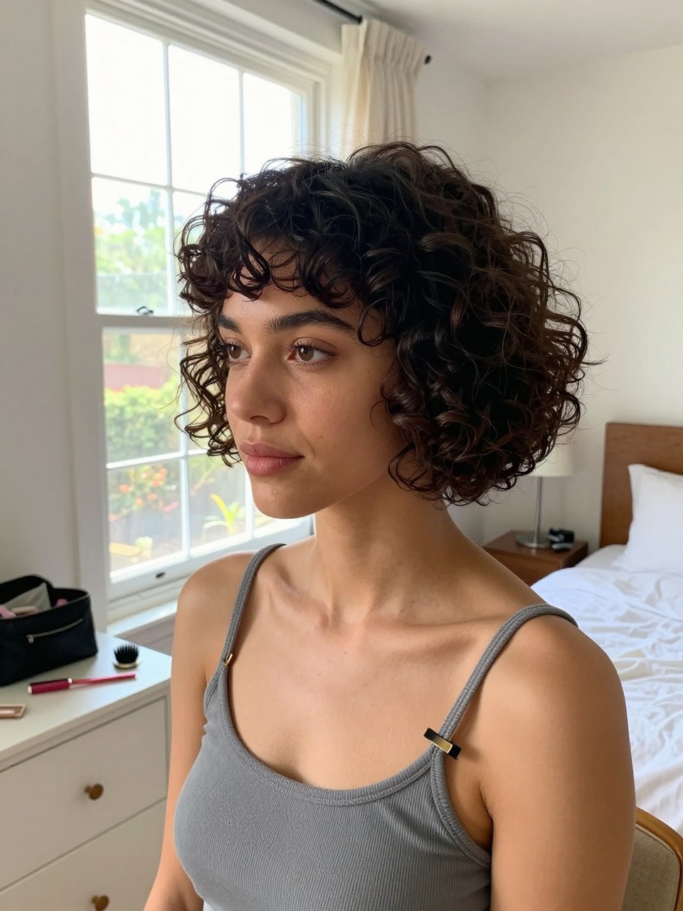 Image prompt

Photo of a woman wearing a short curly bob with tiny micro bangs above the eyebrows, compact defined curls, and a soft rounded silhouette, front three-quarter view in a sun-drenched bedroom, natural window light, containing a small lived-in detail such as a small styling comb on the dresser, lip gloss near a makeup bag, and a hair clip clipped to her tank top strap, realistic modern getting-ready moment, latest iPhone photo quality.