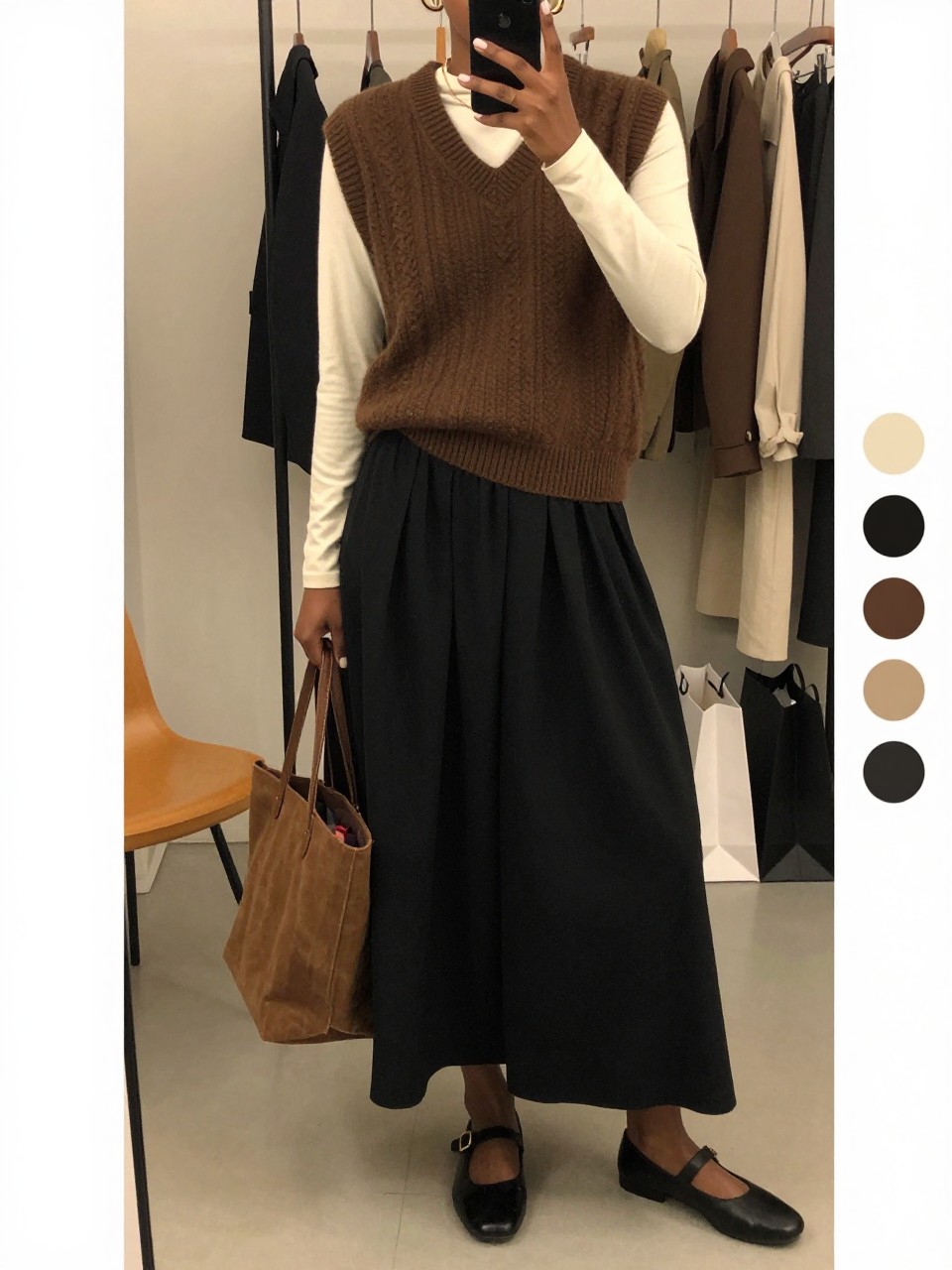 mirror selfie of a Black woman wearing a brown knit sweater vest over a cream long-sleeve top, black flowy maxi skirt, black Mary Jane flats, and a brown canvas tote bag, clearly showing the same clothing items, colors, fabrics, and accessories listed in the Outfit Pieces section, holding a phone in front of a mirror, cropped at NECK so the face does not show, with a relaxed casual selfie pose, in a fashion studio mirror corner, warm moody lighting, including a clothing rack with garments behind and shopping bags beside a chair, latest iPhone photo quality.