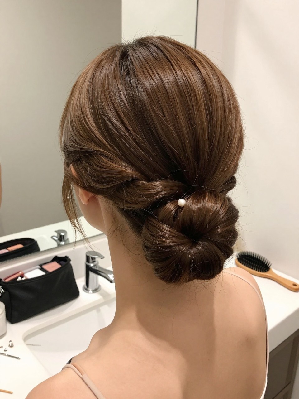 Image prompt

Photo of a woman wearing a sleek low twisted bun created from straight weave hair with a clean middle part and smooth crown, back-of-head view highlighting the twist and discreet pearl pin, standing at a bathroom vanity mirror, soft indoor lighting, containing a small lived-in detail such as bobby pins scattered beside a makeup bag and a hairbrush on the counter, realistic getting-ready moment, latest iPhone photo quality.