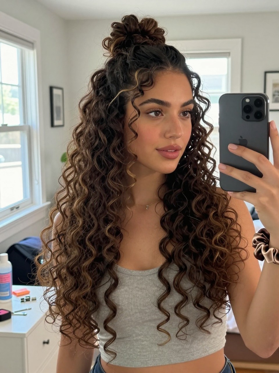 Image prompt
Photo of a Latina woman wearing long 3B curls in a half-up bun with a soft rounded shape at the crown, loose springy ringlets flowing below, and two defined face-framing curls, candid mirror selfie in a bright bedroom, natural window light, containing a small lived-in detail such as bobby pins on the dresser, a curl refresher bottle nearby, and a silk scrunchie on her wrist, realistic getting-ready moment, latest iPhone photo quality.