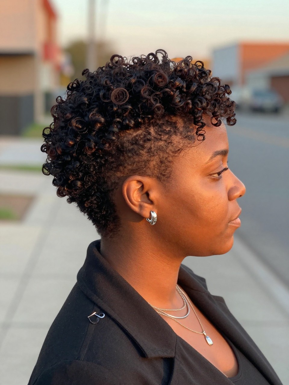 Image prompt
Photo of a Black woman wearing a curly pixie with one side closely shaved, the opposite side left longer with defined coils sweeping across the forehead, side profile view against a softly blurred concrete street background, golden hour glow, containing a small lived-in detail such as sculptural silver earrings, layered necklaces, and a slim hair clip attached to her coat collar, realistic candid photograph, latest iPhone photo quality.