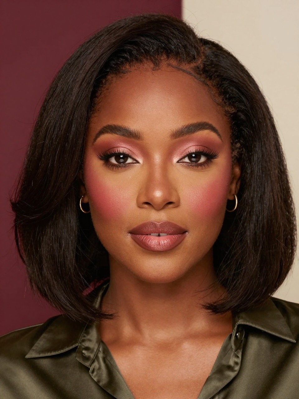Image Prompt: A realistic DSLR makeup portrait of a Black woman with warm medium-brown skin wearing romantic fall blush, deep rose and cinnamon-red cream blush blended across the apples and upper cheeks with a light touch over the bridge of the nose, softly glowing skin, subtle bronzy-pink eyeshadow, fluffy natural lashes, and a sheer rose-brown lip, dense natural hair styled in a rounded shoulder-length shape, woman wearing a dark olive satin blouse with small gold earrings, soft golden fall daylight, burgundy and cream background accents, visible natural pores and believable blush placement, 85mm lens, no product logos, no text, no watermarks on images.