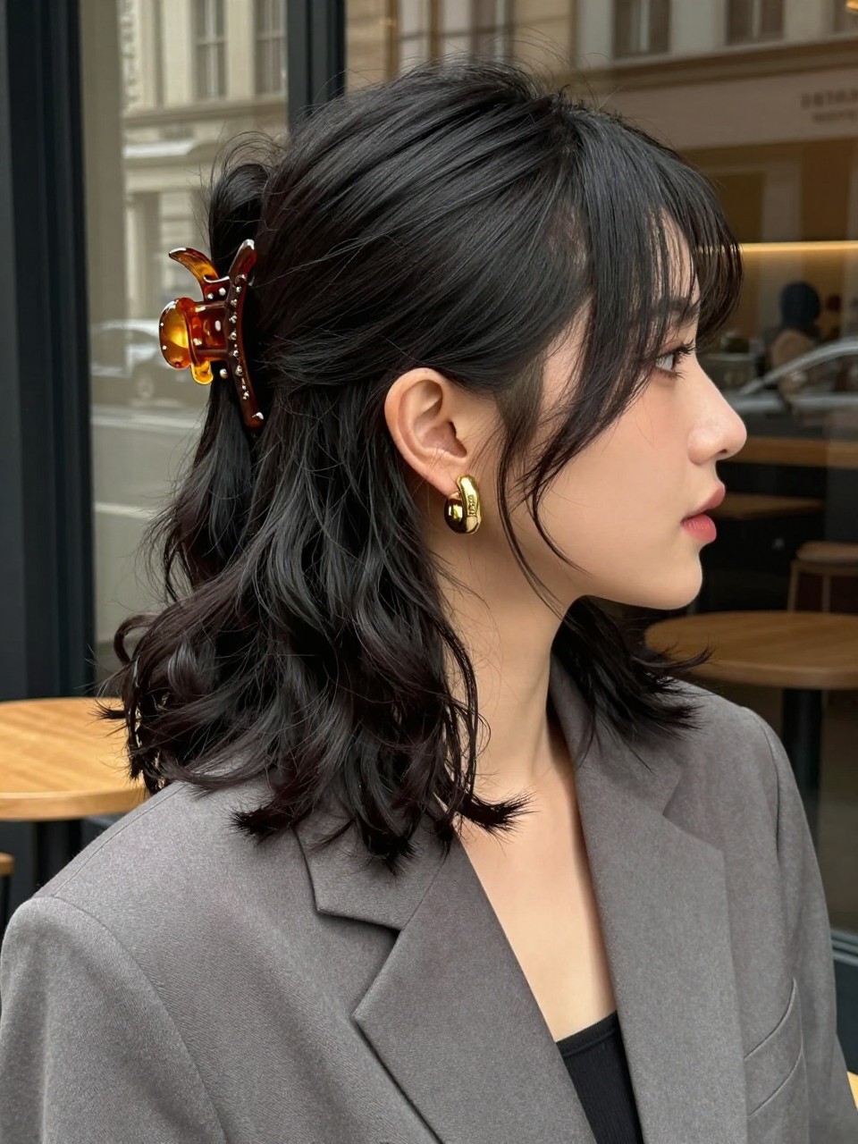 Image Prompt:
A realistic fashion beauty photo of a woman with medium-length glossy black hair styled with a deep side part and one side swept back using a glossy amber claw clip, soft waves through the ends, gold earrings, tailored blazer, city café background, soft daylight, chic modern hairstyle inspiration, high-resolution DSLR style, no text, (no watermarks on images)