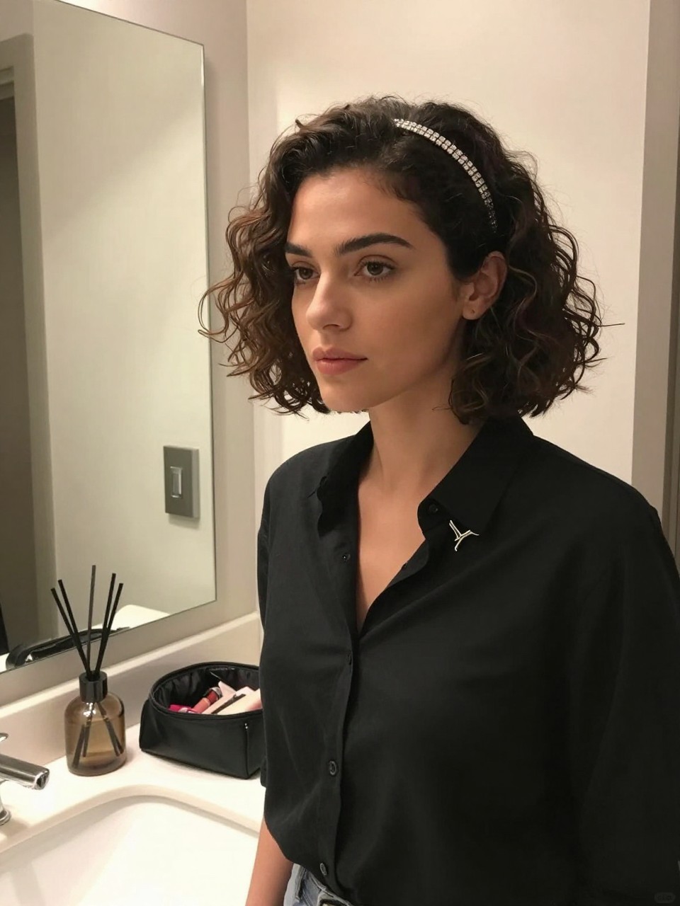 Image prompt

Photo of a woman wearing a chin-length curly bob with soft rounded volume, a clean middle part, and a slim rhinestone headband, front three-quarter view beside a bathroom vanity mirror, soft indoor lighting, containing a small lived-in detail such as a diffuser on the counter, a lipstick tube near an open makeup bag, and a hair clip clipped to her blouse collar, realistic evening getting-ready moment, latest iPhone photo quality.