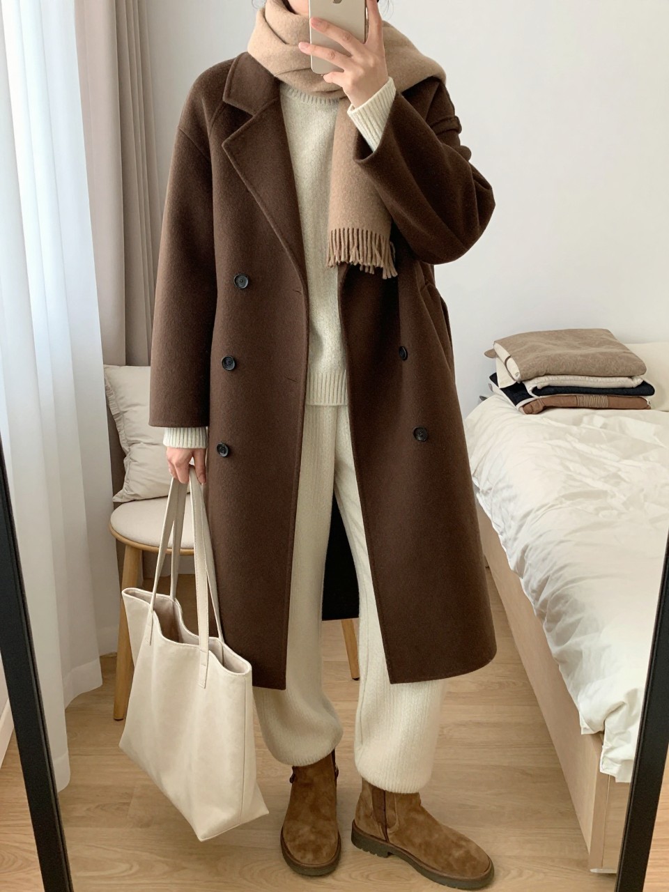 mirror selfie of a woman wearing a chocolate brown long coat over a cream matching sweater and knit pants set, beige scarf, brown suede boots, and a cream tote bag, clearly showing the same clothing items, colors, fabrics, and accessories listed in the Outfit Pieces section, holding a phone in front of a mirror, cropped at NECK so the face does not show, with a relaxed casual selfie pose, in a feminine-themed bedroom, natural window light, including a tote bag resting on the floor and a folded blanket on a chair, latest iPhone photo quality.