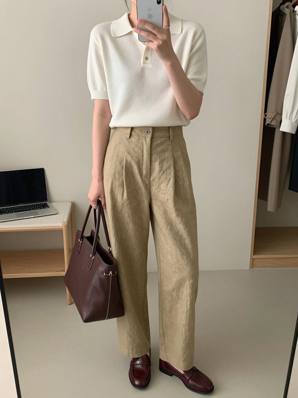 Mirror selfie of a woman wearing a short-sleeved cream fine-knit polo top tucked into high-waisted khaki linen trousers with a relaxed straight-leg cut, burgundy leather loafers, and a structured dark brown leather tote bag, clearly showing the exact clothing items, colors, fabrics, and accessories listed, holding a latest-model iPhone in front of a mirror, cropped at the neck so the face does not show, relaxed casual selfie pose, in a minimal dressing room with soft indoor lighting, a laptop on a bench and an open closet with clothes visible, natural uncluttered setting, latest iPhone photo quality.