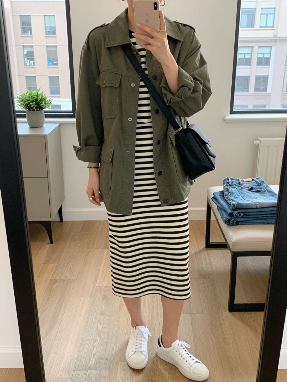 mirror selfie of a woman wearing an olive green utility jacket over a black and cream striped midi dress, white low-profile sneakers, small gold hoops, and a black crossbody teacher bag, clearly showing the same clothing items, colors, fabrics, and accessories listed in the Outfit Pieces section, holding a phone in front of a mirror, cropped at NECK so the face does not show, with a relaxed casual selfie pose, in a stylish city apartment, natural window light, including a small plant on a dresser and folded denim jeans on a bench, latest iPhone photo quality.