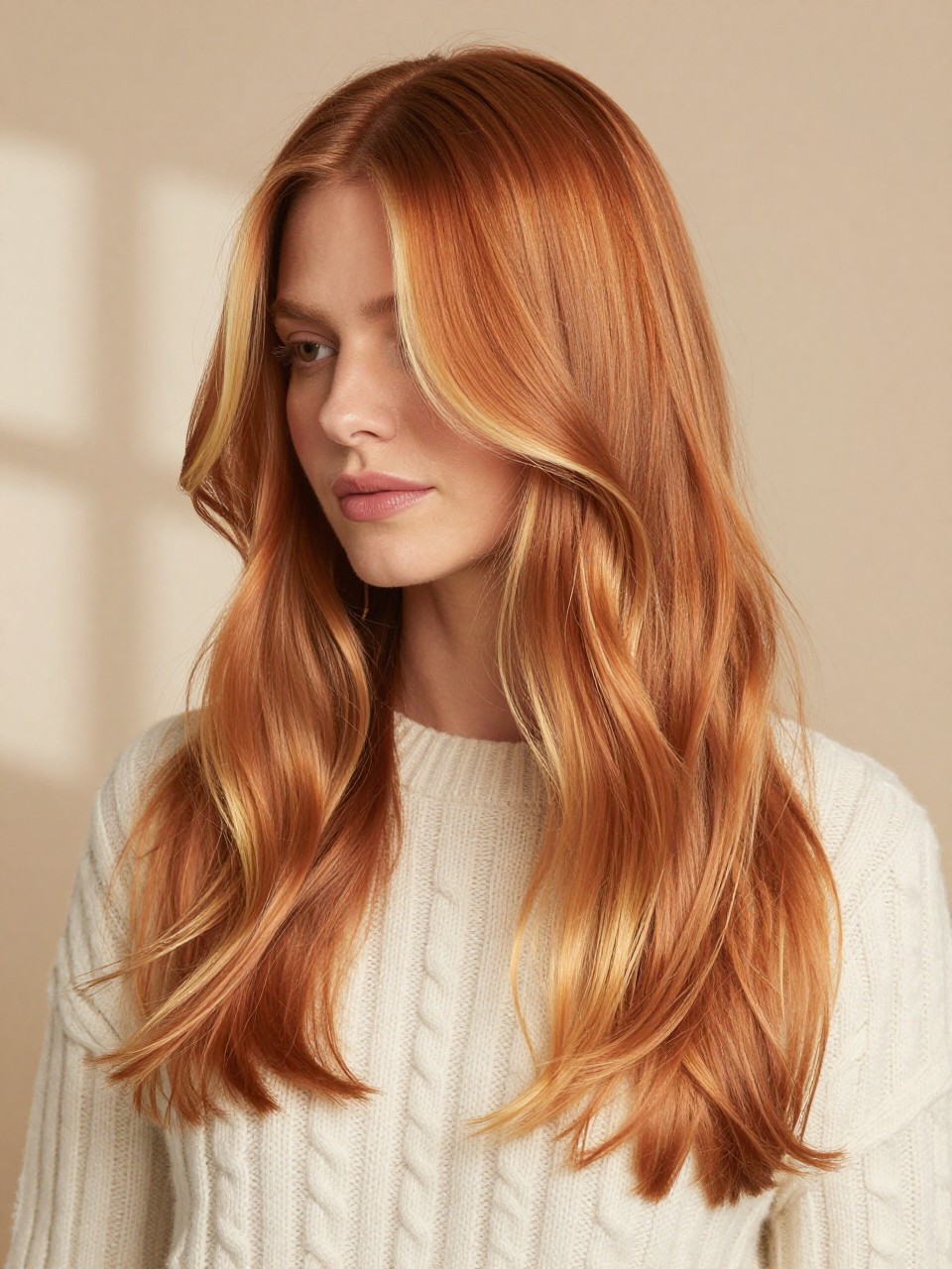 A realistic editorial portrait of a woman with fair neutral skin and long layered waves, toasted strawberry blonde hair color, medium maple-brown root shadow extending two inches from the scalp, roots melting into muted copper-blonde mid-lengths, fine golden strawberry ribbons through the outer layers, pale cream-gold ends, soft peach undertone without bright orange or pink, lighter face-framing sections beginning near the cheekbones, loose brushed waves, ivory cable-knit sweater, delicate gold earrings, warm beige studio wall, soft autumn window light, realistic strand separation, subtle flyaways, healthy satin shine.