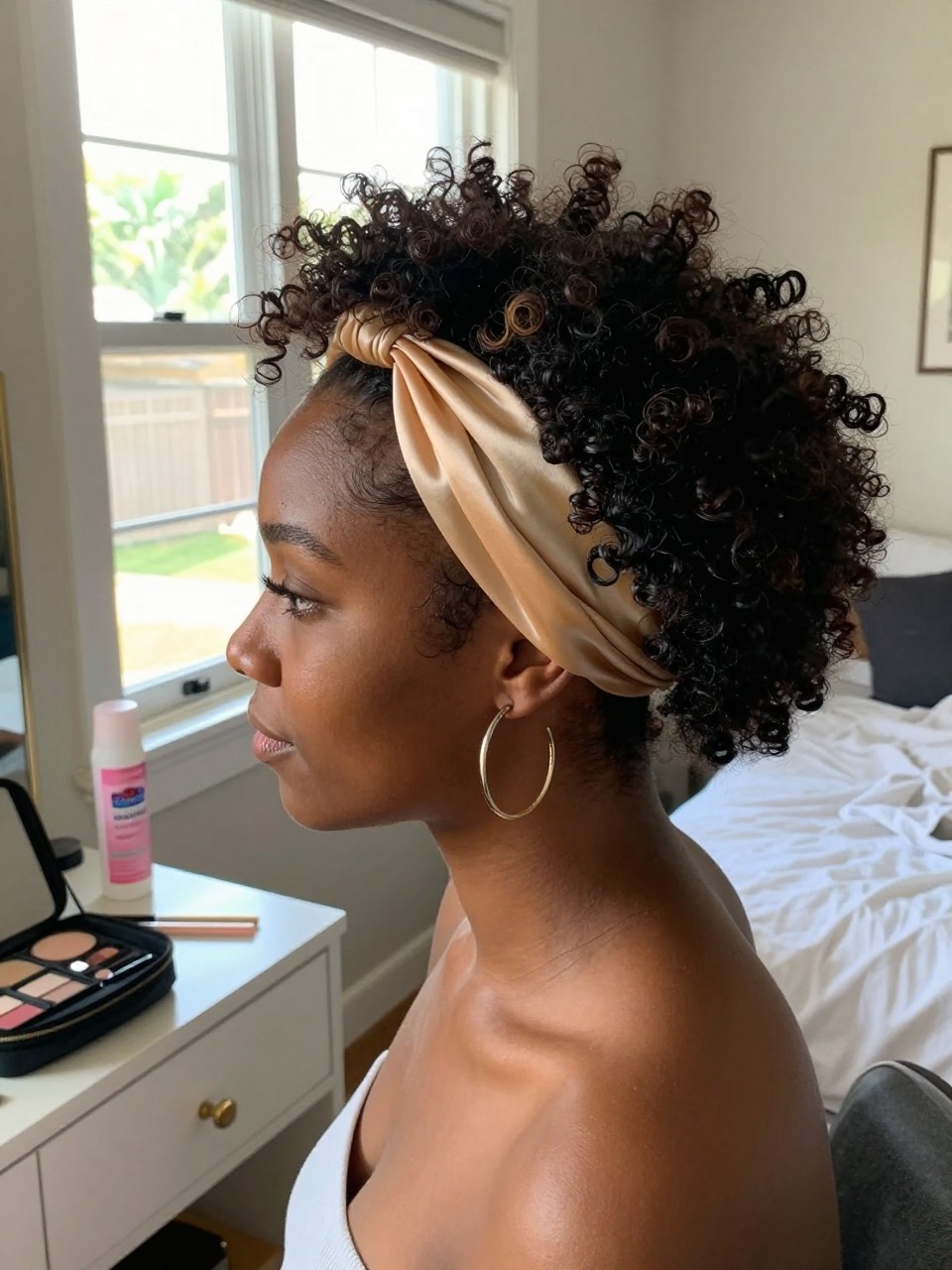 Image prompt

Photo of a Black woman wearing a soft high curly pineapple with a knotted satin headband around the hairline and full springy curls at the crown, side profile view in a sun-drenched bedroom, natural window light, containing a small lived-in detail such as a curl refresher bottle on the vanity, hoop earrings nearby, and a makeup bag left open, realistic getting-ready moment, latest iPhone photo quality.