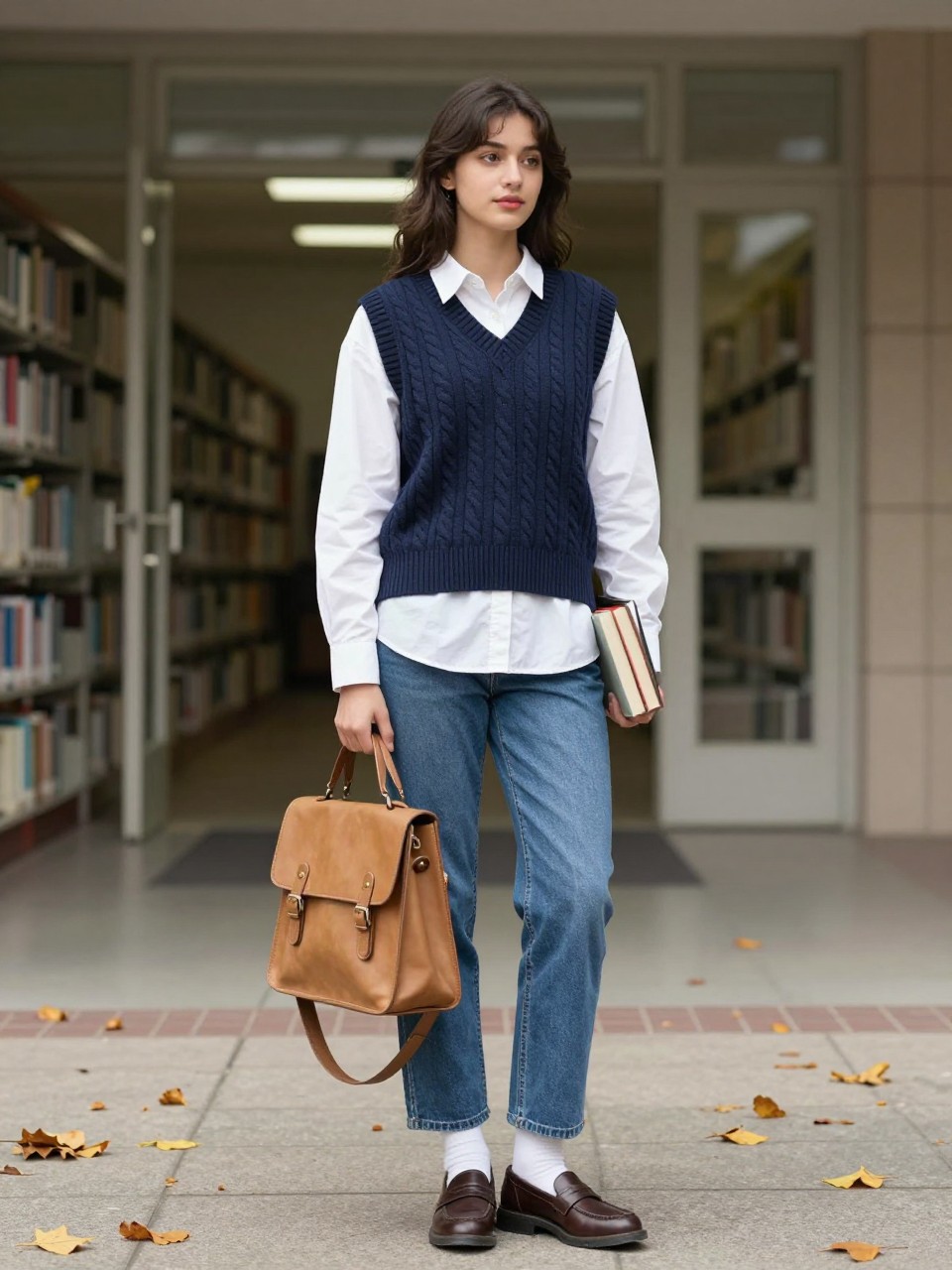 realistic campus senior portrait of a young woman wearing a navy cable-knit sweater vest layered over a crisp white oversized button-down shirt, medium-wash straight jeans, brown leather loafers, white ankle socks, and a tan satchel bag, standing outside a library entrance with fall leaves scattered on the ground, full-body framing clearly showing the exact layers, denim, shoes, socks, and bag, relaxed academic-inspired pose holding two hardcover books, soft overcast daylight, natural professional DSLR photography.