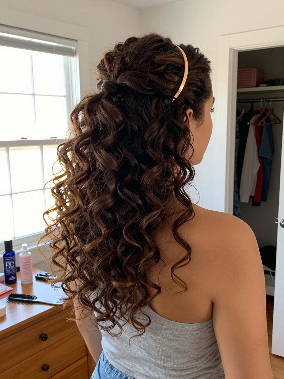Image prompt

Photo of a woman wearing a half-up curly ponytail with a softly lifted crown, defined curls falling down her back, and a thin metallic gold headband, back three-quarter view in a sun-drenched bedroom, natural window light, containing a small lived-in detail such as a wide-tooth comb on the dresser, a curl refresher bottle nearby, and a slightly open closet behind her, realistic getting-ready moment, latest iPhone photo quality.
