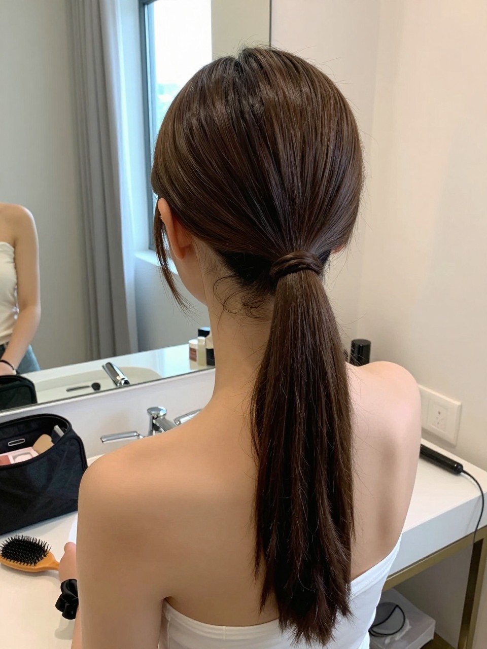 Image prompt
Photo of a woman wearing a sleek low straight ponytail with a middle part and neatly wrapped base, back-of-head view highlighting the smooth crown and long ponytail, standing at a bathroom vanity mirror with a hairbrush and makeup bag nearby, natural window light, containing a small lived-in detail such as a black silk scrunchie on her wrist and a curling iron resting on the counter, realistic getting-ready moment, latest iPhone photo quality.