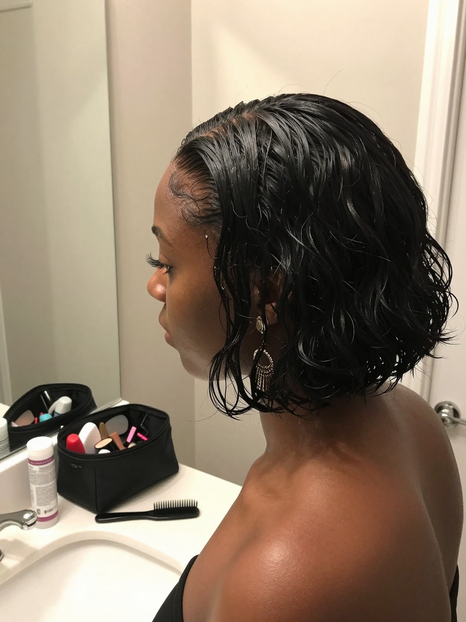Image prompt

Photo of a Black woman wearing a short wet-look curly bob with glossy defined curls, a clean side part, and smooth sculpted edges, side profile view at a bathroom vanity mirror, soft indoor lighting, containing a small lived-in detail such as styling gel and a fine-tooth comb on the counter, a makeup bag left open, and statement earrings peeking through, realistic evening getting-ready moment, latest iPhone photo quality.