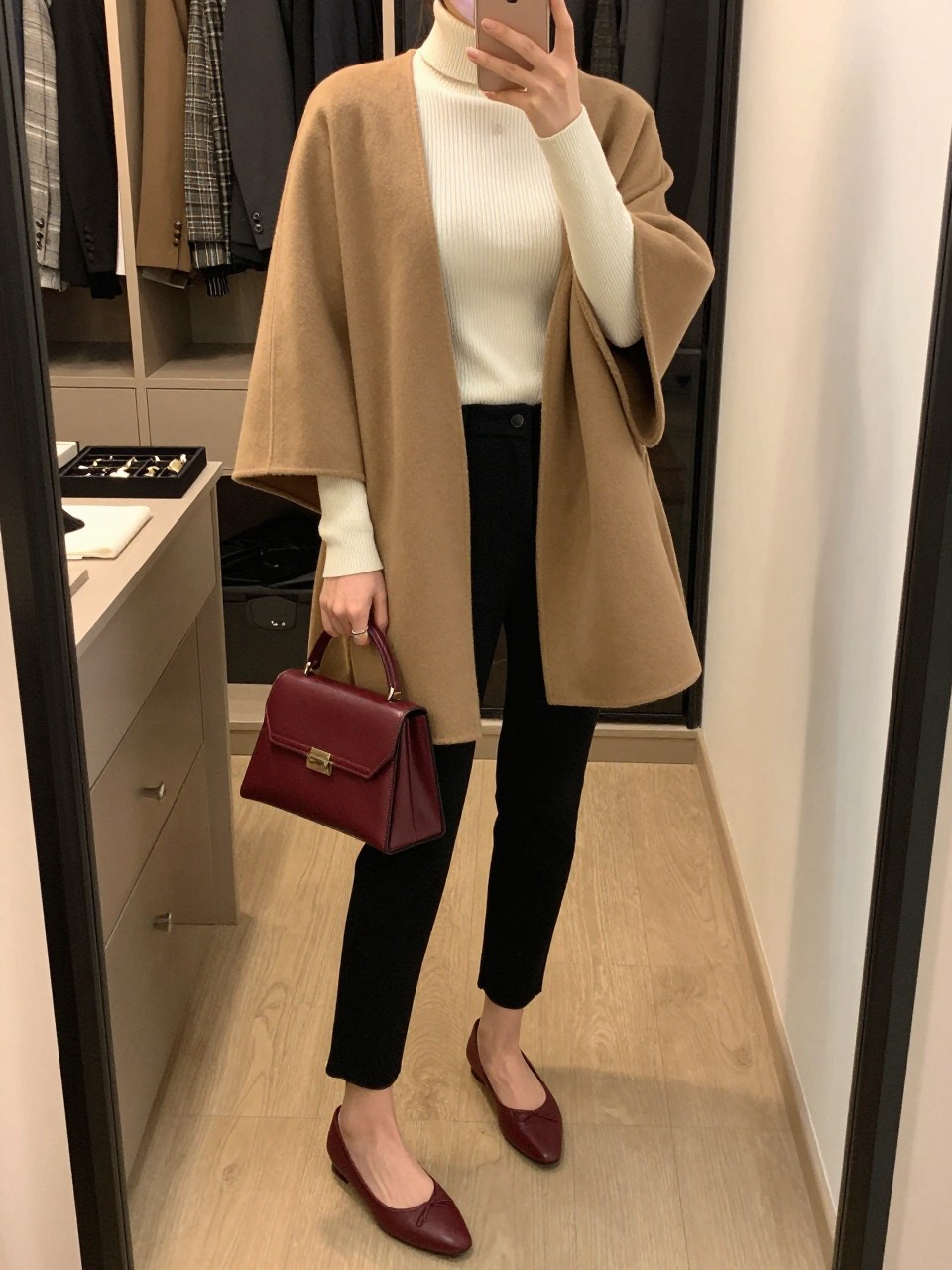 mirror selfie of a woman wearing a camel wool cape coat over a fitted cream ribbed turtleneck, black tailored cigarette pants, burgundy pointed ballet flats, and a structured burgundy mini bag, clearly showing the same clothing items, colors, fabrics, footwear, and accessories listed in the Outfit Pieces section, holding a phone in front of a mirror, cropped at NECK so the face does not show, with a relaxed casual selfie pose, in a walk-in closet mirror, evening golden hour, including an open closet with clothes visible and a jewelry tray on the vanity, latest iPhone photo quality.