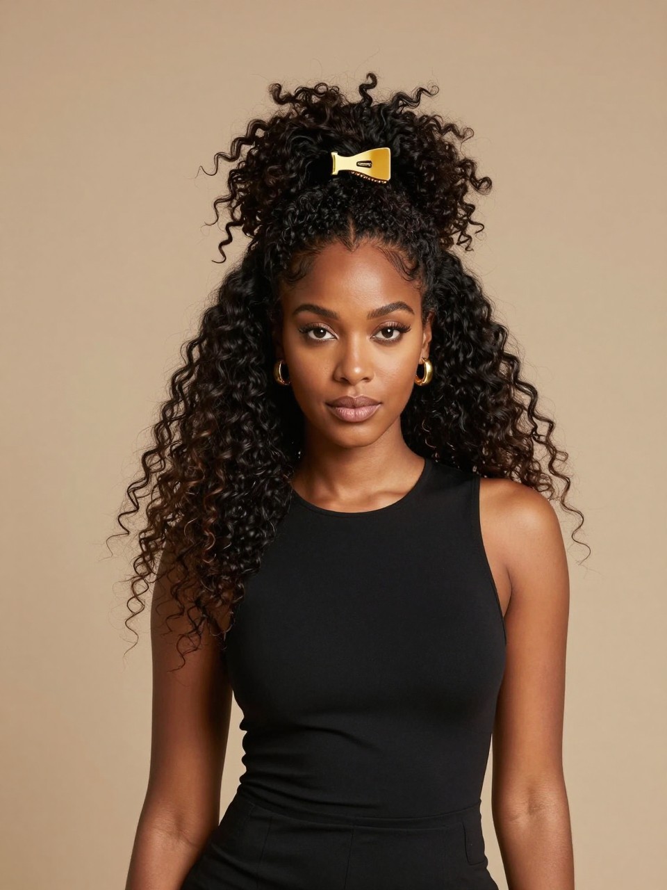 A realistic editorial portrait of a black woman with long coily curly hair styled into a high claw clip updo, large matte gold claw clip securing the hair at the crown, textured curls spilling beautifully upward and outward, statement earrings, fitted black dress, warm studio lighting, confident modern natural hair inspiration, high-resolution DSLR photo, no text, (no watermarks on images)