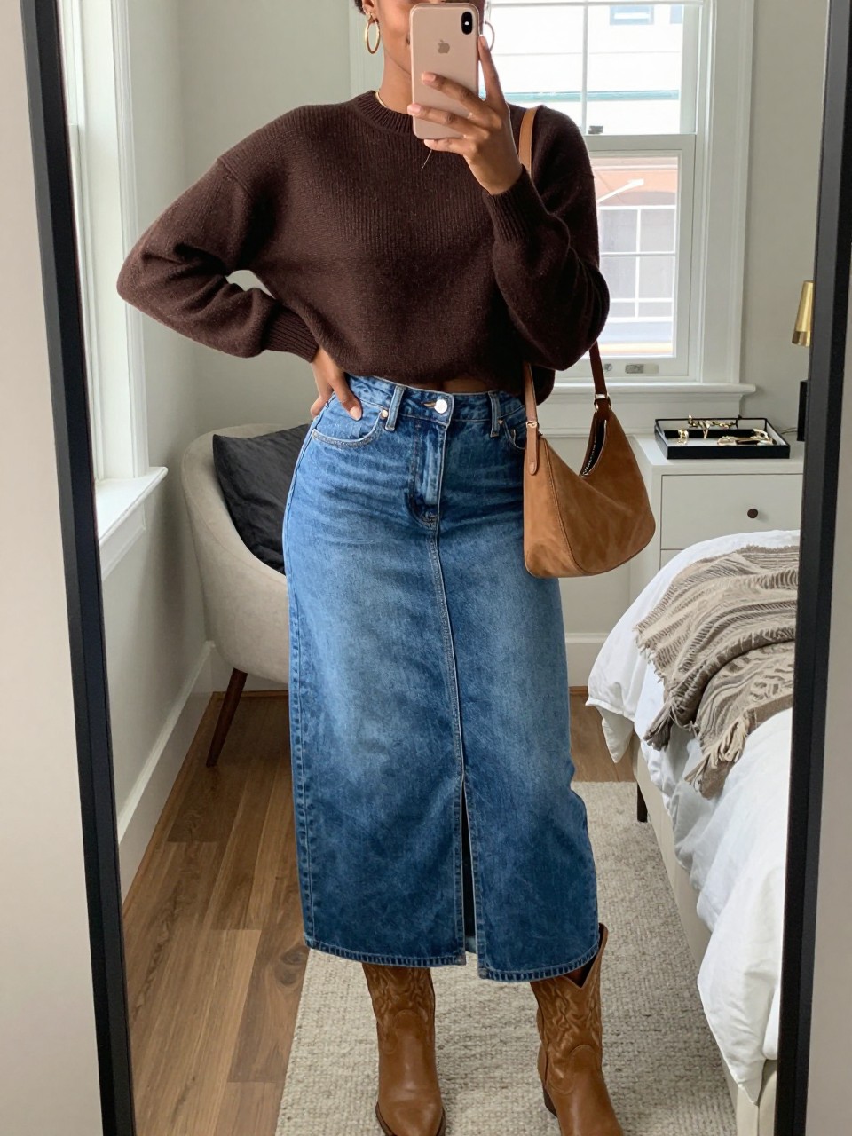mirror selfie of a Black woman wearing the exact outfit described above, clearly showing a chocolate brown cropped sweater, medium-wash denim maxi skirt with a front slit, tan cowboy boots, gold hoop earrings, and a small suede shoulder bag, holding a phone in front of a mirror, cropped at NECK so the face does not show, with a relaxed casual selfie pose, in a feminine-themed bedroom, natural window light, with a jewelry tray on the vanity and a folded blanket on a chair, latest iPhone photo quality.