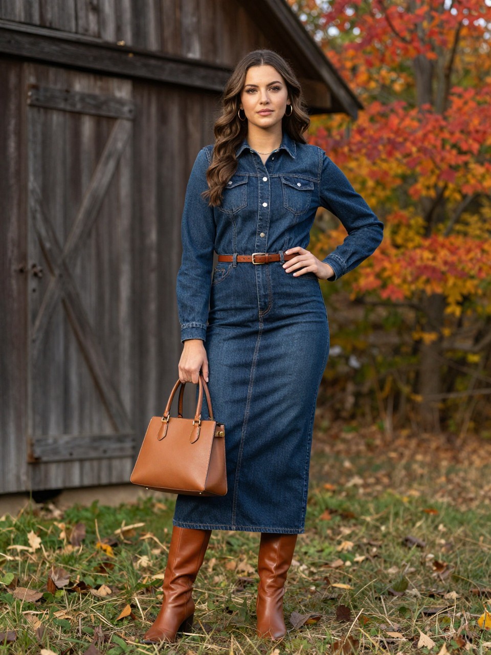 realistic outdoor fall senior portrait of a young woman wearing a dark-wash fitted denim maxi dress with long sleeves and a front seam, cognac leather knee-high boots, a slim brown belt, small gold hoops, and a structured tan handbag, standing beside a vintage wooden barn with red and orange foliage behind her, full-body composition clearly showing the exact outfit and accessories, natural confident pose, soft late-afternoon sunlight, realistic denim texture, warm professional DSLR photography.