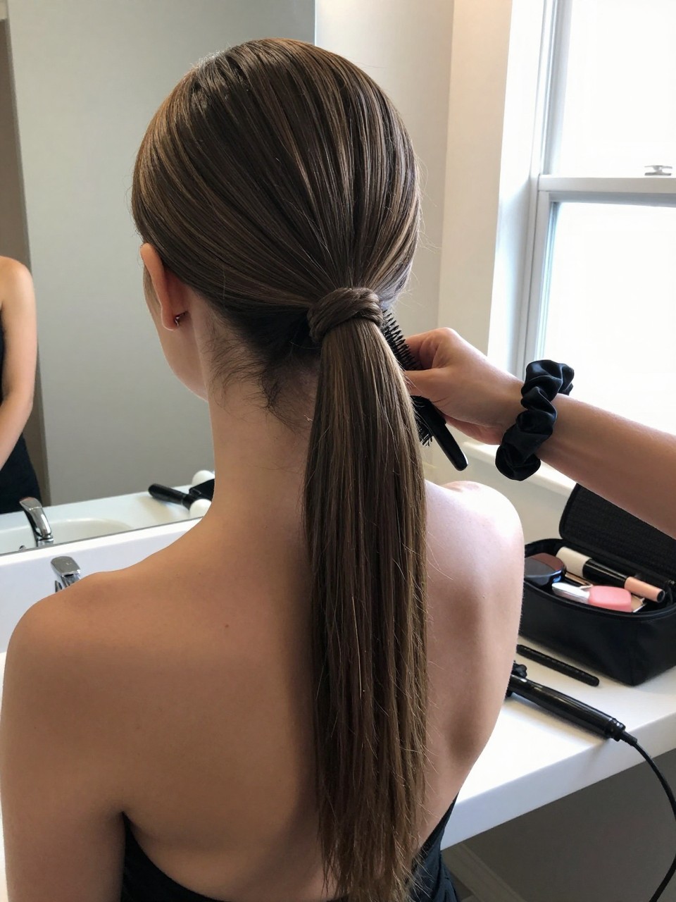 Image prompt

Photo of a woman wearing a smooth low straight weave ponytail with a middle part and a neatly wrapped base, back-of-head view highlighting the sleek shape and long ponytail, standing at a bathroom vanity mirror with a hairbrush and open makeup bag nearby, natural window light, containing a small lived-in detail such as a black silk scrunchie on her wrist and a curling iron resting on the counter, realistic getting-ready moment, latest iPhone photo quality.