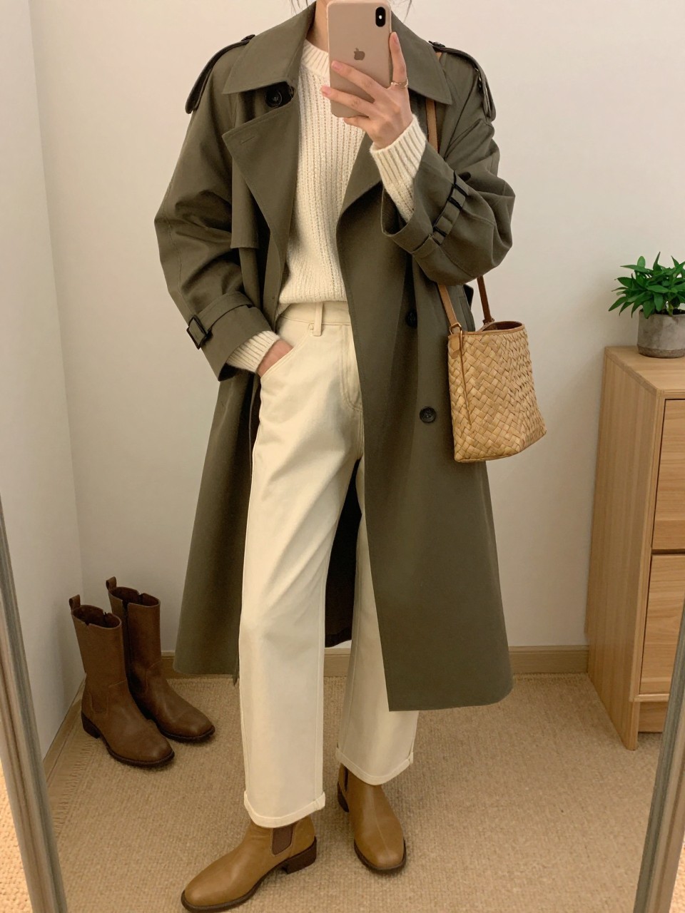 Mirror selfie of a woman wearing a belted olive green cotton trench coat over a cream lightweight knit sweater, high-waisted cream wide-leg jeans, tan leather ankle boots, and a woven tan crossbody bag, clearly showing the exact clothing items, colors, fabrics, and accessories listed, holding a latest-model iPhone in front of a mirror, cropped at the neck so the face does not show, relaxed casual selfie pose, in a minimal dressing room with warm moody lighting, a pair of boots on the floor nearby and a small plant on a dresser, realistic casual composition, latest iPhone photo quality.