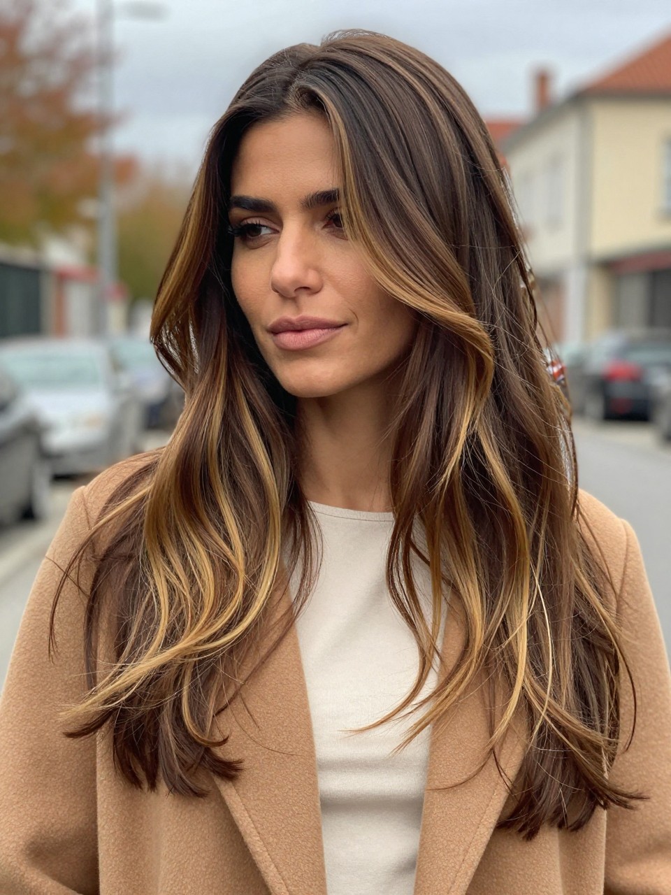 A realistic portrait of a woman with medium olive skin and long brunette hair, brown sugar bronde ribbons, medium brown base with soft honey-beige and golden-brown ribbons, root shadow kept natural, loose layered waves, lighter pieces concentrated around the front and top layers, camel coat over cream top, outdoor autumn street, soft cloudy daylight, realistic texture and blended color.