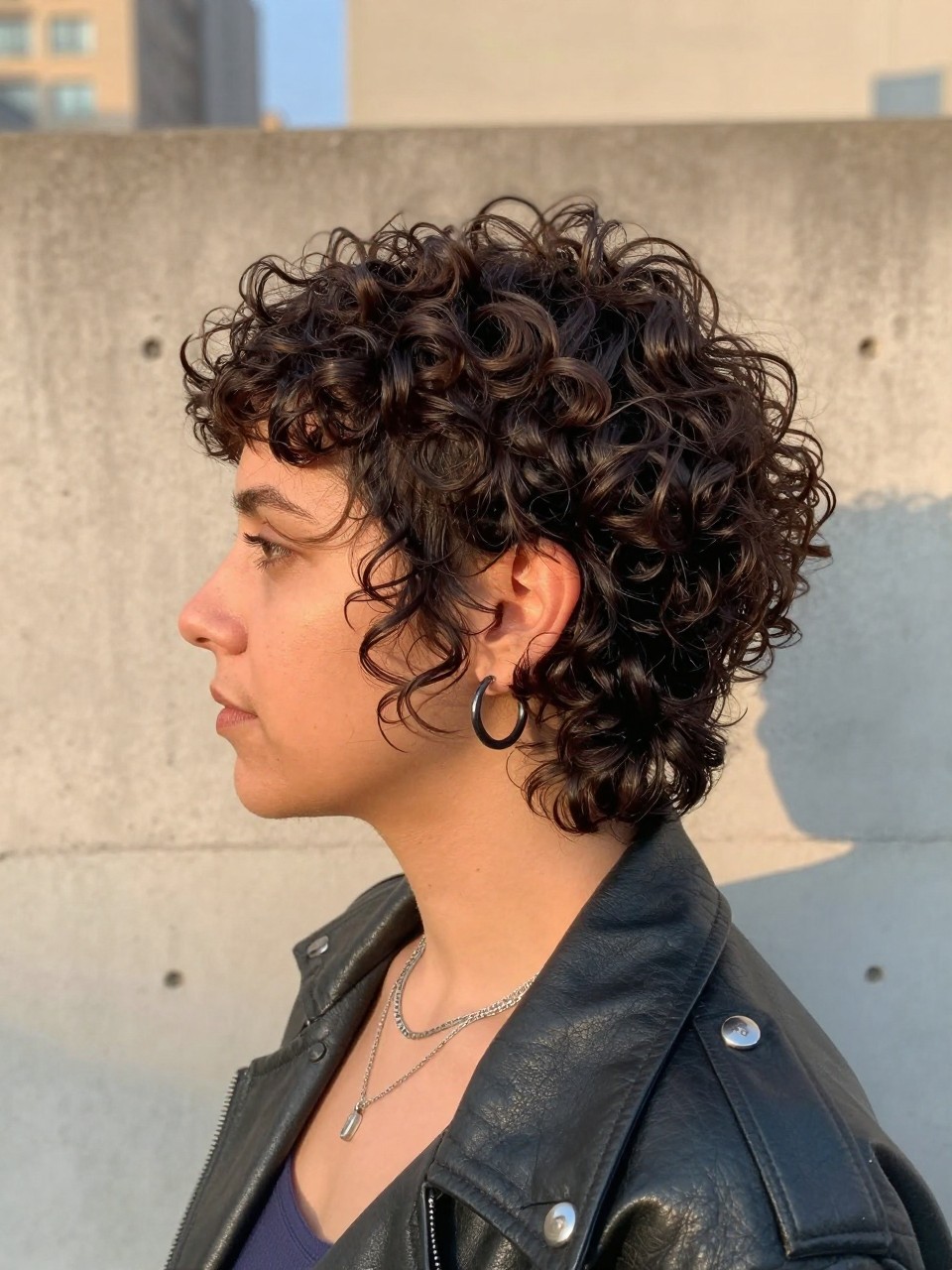 Image prompt
Photo of a woman wearing a short curly mullet with closely cropped sides, tiny textured micro bangs, full curls at the crown, and a longer curly section at the nape, side profile view against a softly blurred concrete city wall, golden hour glow, containing a small lived-in detail such as layered silver necklaces, dark hoop earrings, and a small hair clip attached to her leather jacket collar, realistic candid photograph, latest iPhone photo quality.