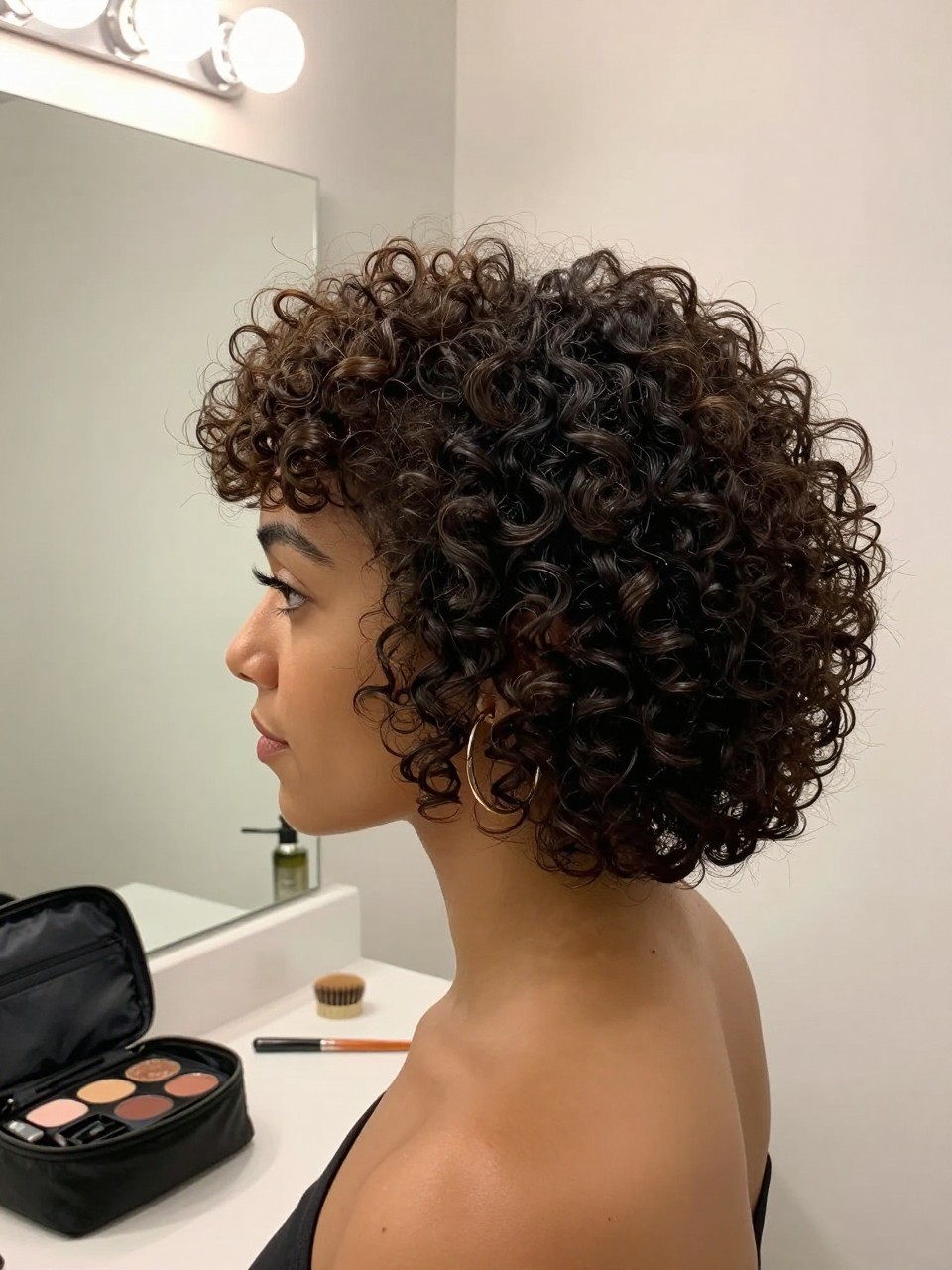 Image prompt
Photo of a Latina woman wearing a high 3B curly puff with a rounded cloud-like shape, smooth sides, neatly defined edges, and soft ringlets framing the forehead, side profile view in a bright bathroom mirror, soft indoor lighting, containing a small lived-in detail such as edge gel and a small brush on the counter, hoop earrings nearby, and a makeup bag left open, realistic getting-ready moment, latest iPhone photo quality.