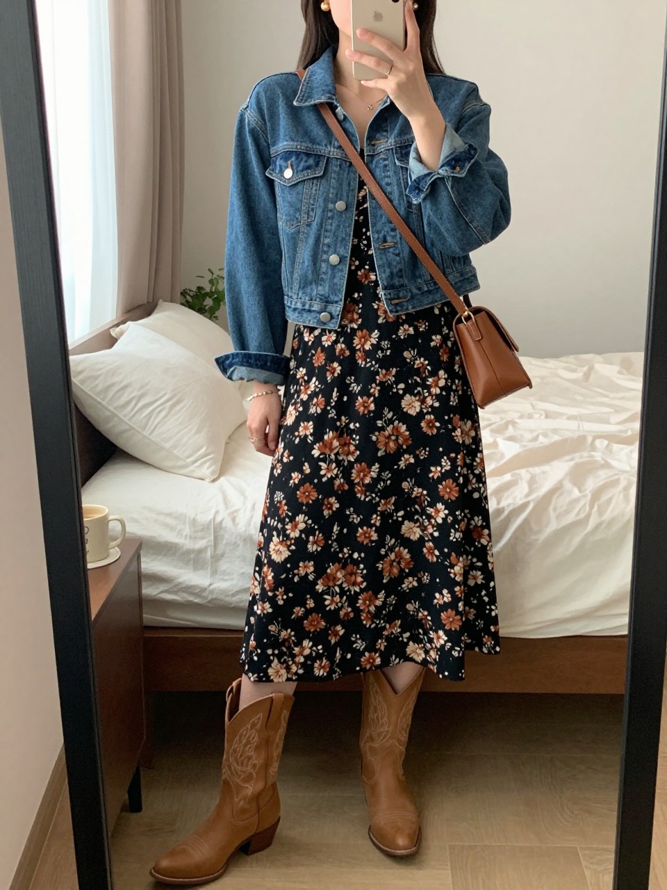 mirror selfie of a woman wearing the exact outfit described above, clearly showing tan western boots, a black floral midi dress with rust and cream flowers, a cropped denim jacket, a brown leather crossbody bag, and small gold earrings, holding a phone in front of a mirror, cropped at NECK so the face does not show, with a relaxed casual selfie pose, in a cozy bedroom mirror setup, natural window light, with soft pillows on an unmade bed and a coffee mug on a bedside table, latest iPhone photo quality.