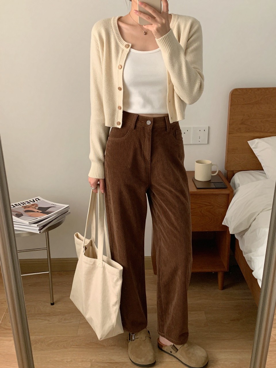 mirror selfie of a woman wearing a cream cropped cardigan over a white fitted tank top, brown high-waisted corduroy pants, tan suede clogs, and a cream canvas book tote, clearly showing the same clothing items, colors, fabrics, and accessories listed in the Outfit Pieces section, holding a phone in front of a mirror, cropped at NECK so the face does not show, with a relaxed casual selfie pose, in a cozy bedroom mirror setup, evening golden hour, including a stack of fashion magazines on a side table and a coffee mug on a bedside table, latest iPhone photo quality.