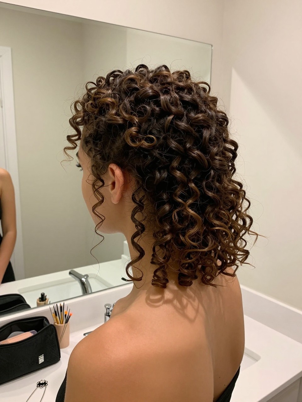 Image prompt

Photo of a woman wearing a soft curly French twist with textured volume at the crown and a few loose tendrils around the face, back-of-head view highlighting the vertical twist, standing at a bathroom vanity mirror, soft indoor lighting, containing a small lived-in detail such as long bobby pins near a makeup bag and a decorative hairpin on the counter, realistic getting-ready moment, latest iPhone photo quality.